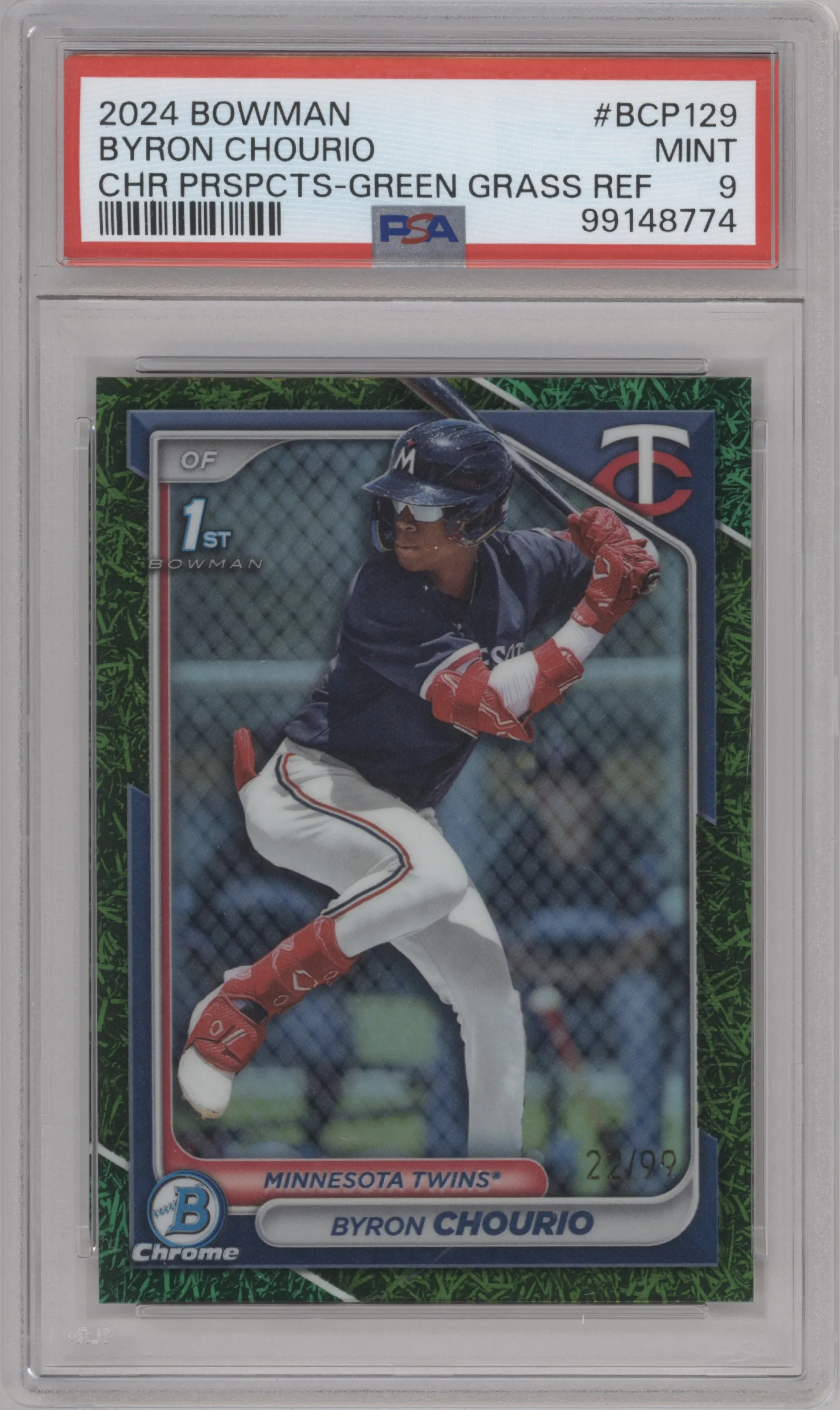 Byron Chourio from the 2024 Bowman set featuring a Green Grass Refractors parallel graded by PSA and given an overall grade of 9.