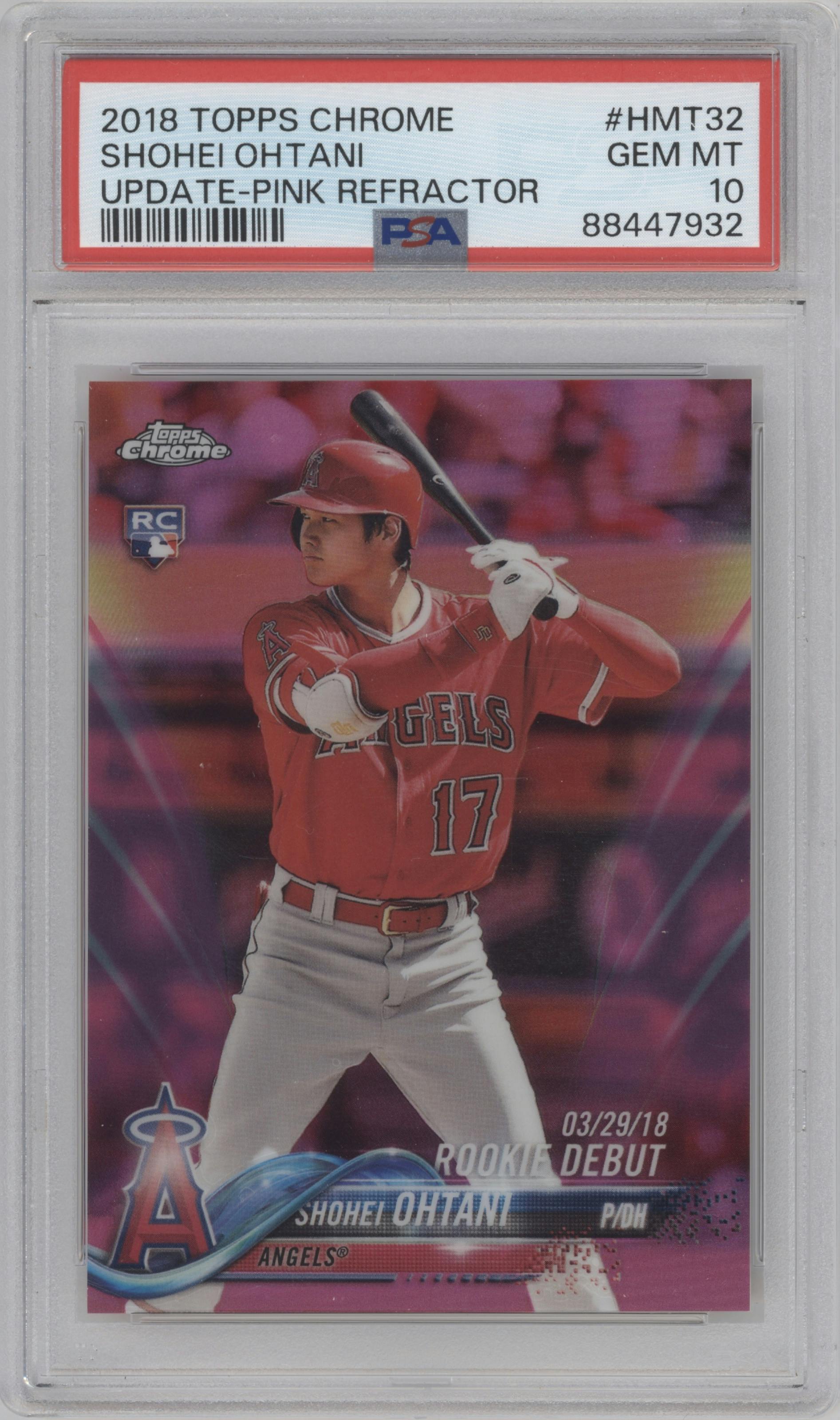 Shohei Ohtani from the 2018 Topps Chrome Update  set featuring a Pink Refractor parallel graded by PSA and given an overall grade of 10.