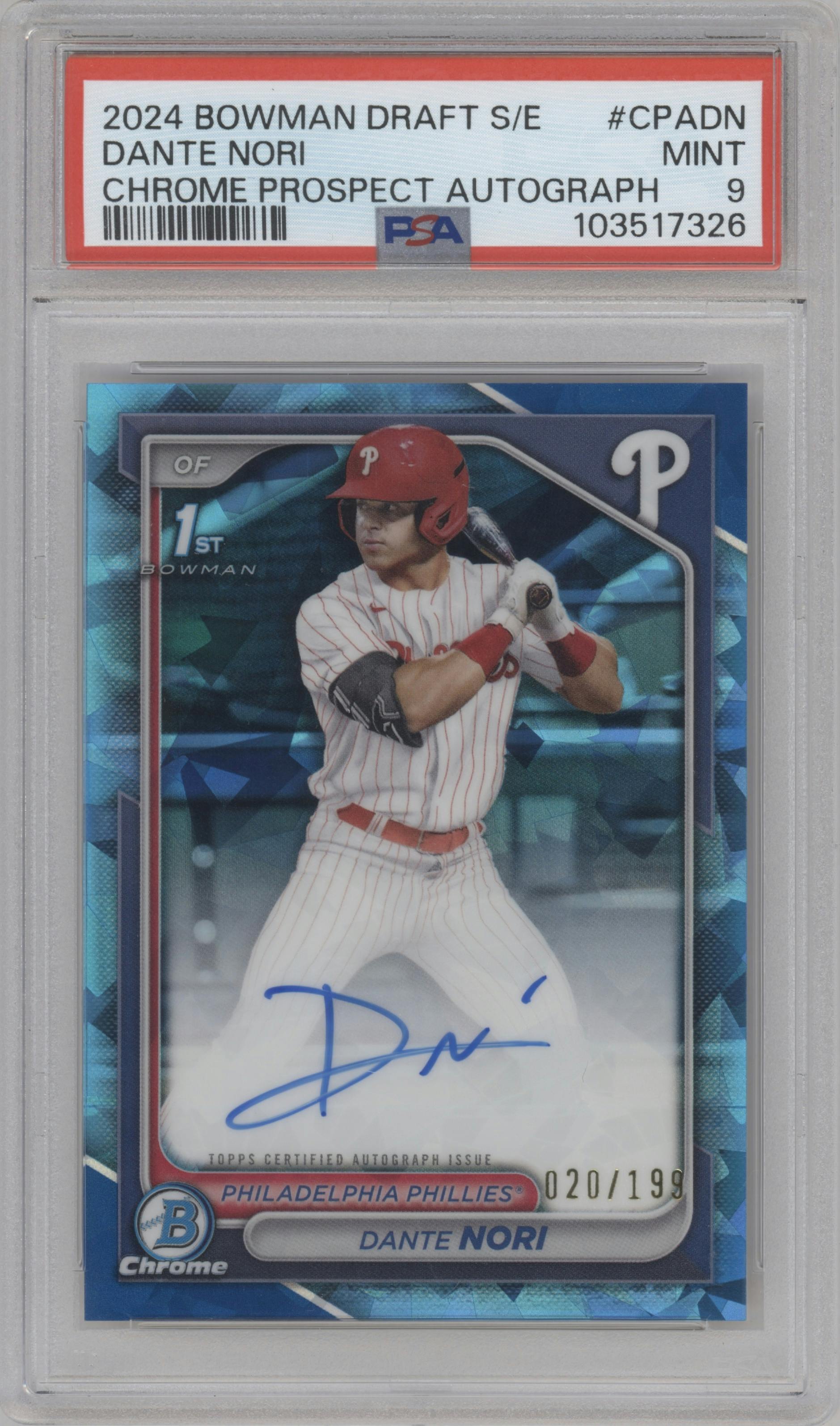 Dante Nori from the 2024 Bowman Draft Sapphire Edition set graded by PSA and given an overall grade of 9.