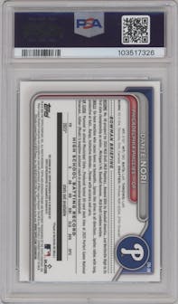 Dante Nori from the 2024 Bowman Draft Sapphire Edition set graded by PSA and given an overall grade of 9.