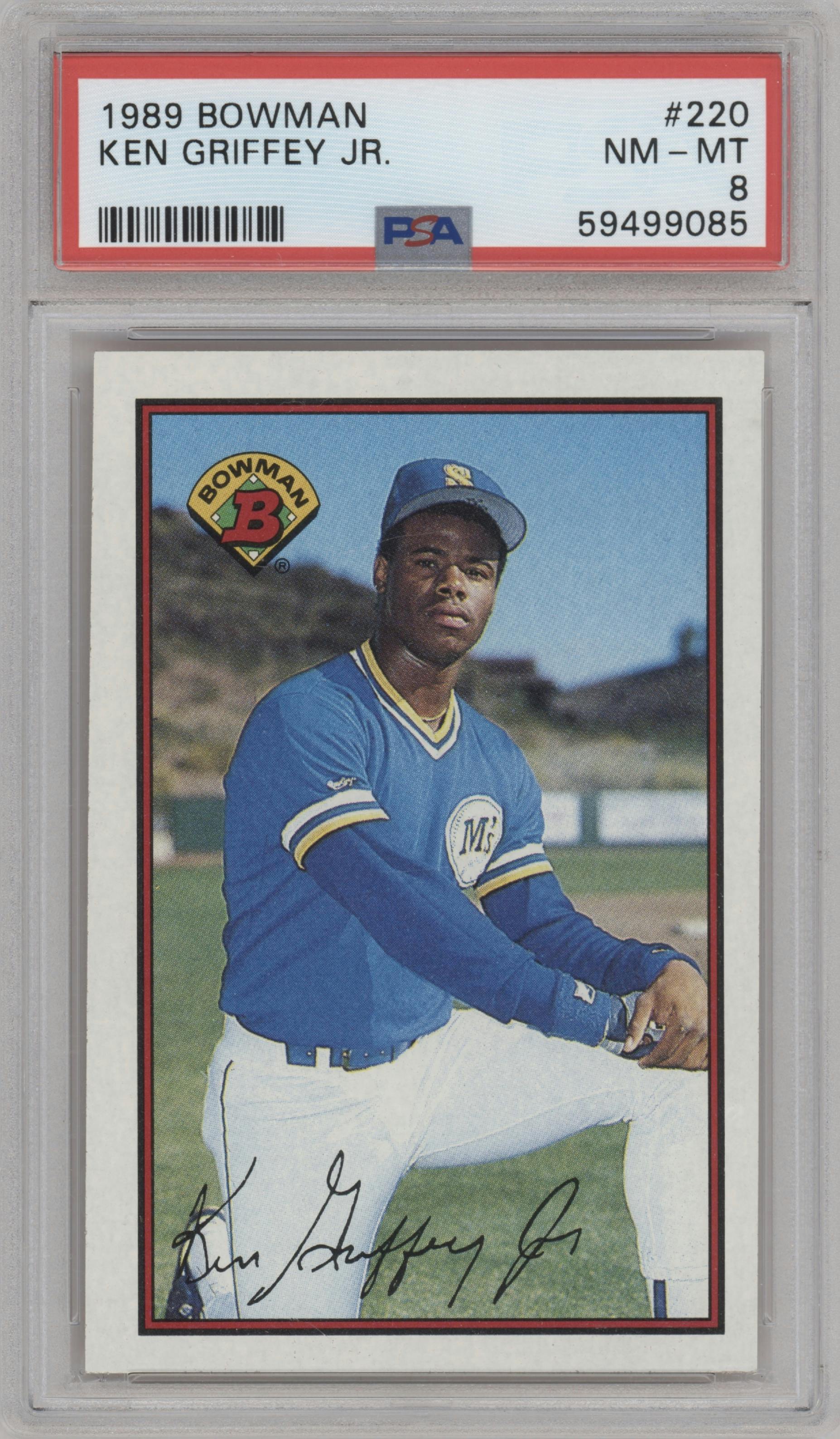 Ken Griffey Jr. from the 1989 Bowman set graded by PSA and given an overall grade of 8.
