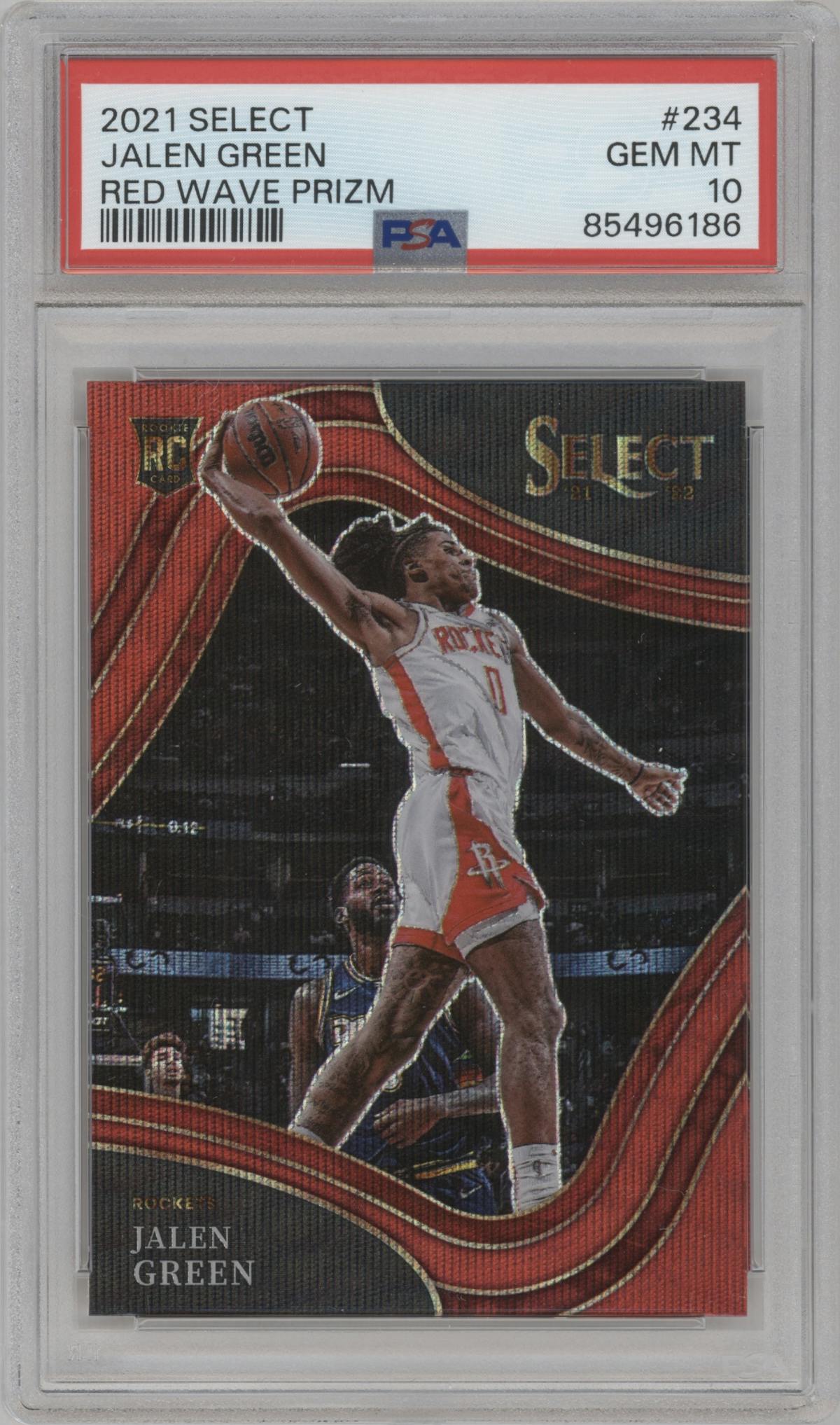 Jalen Green from the 2021-22 Panini Select set featuring a Red Wave parallel graded by PSA and given an overall grade of 10.