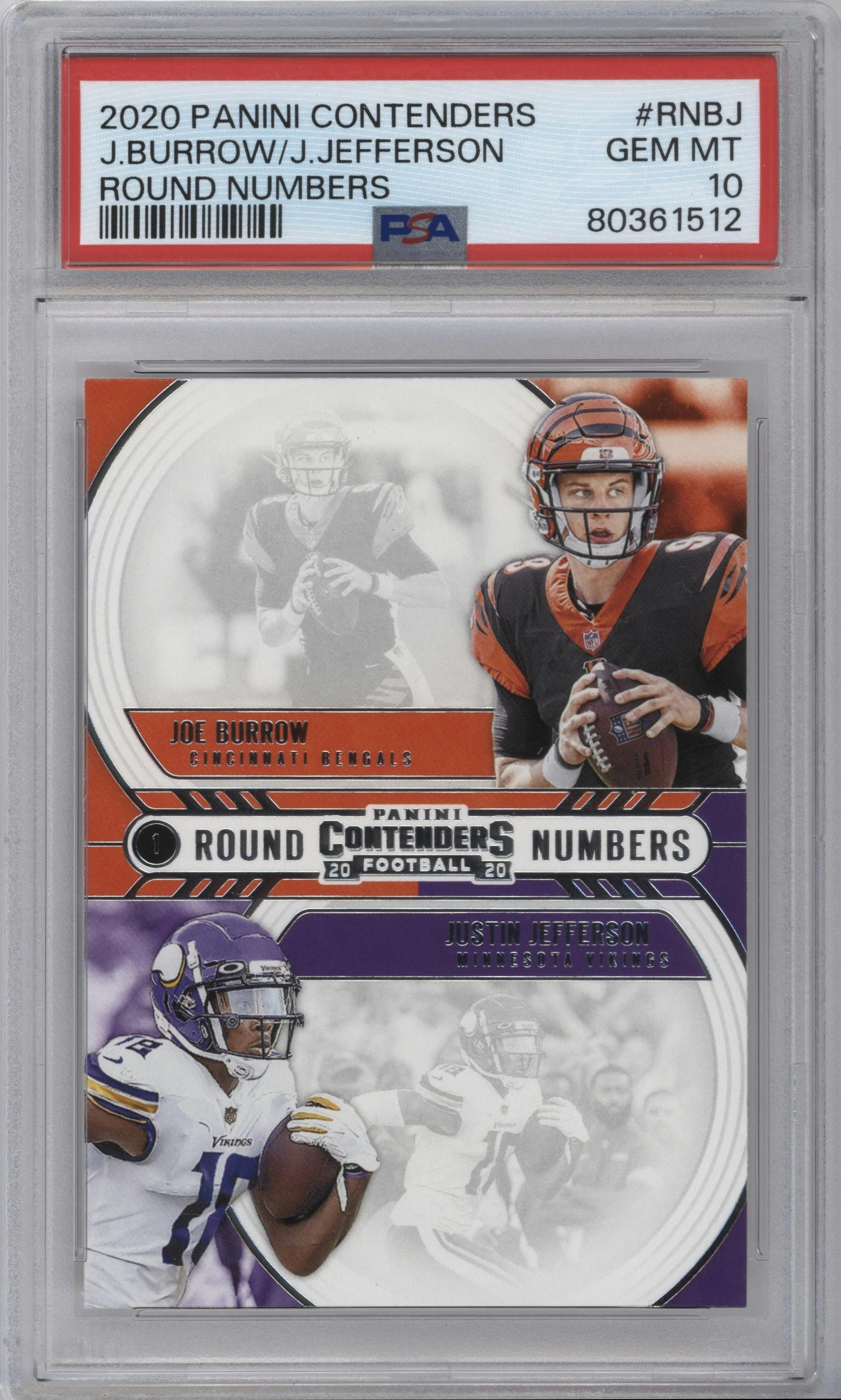 Joe Burrow/Justin Jefferson from the 2020 Panini Contenders set graded by PSA and given an overall grade of 10.