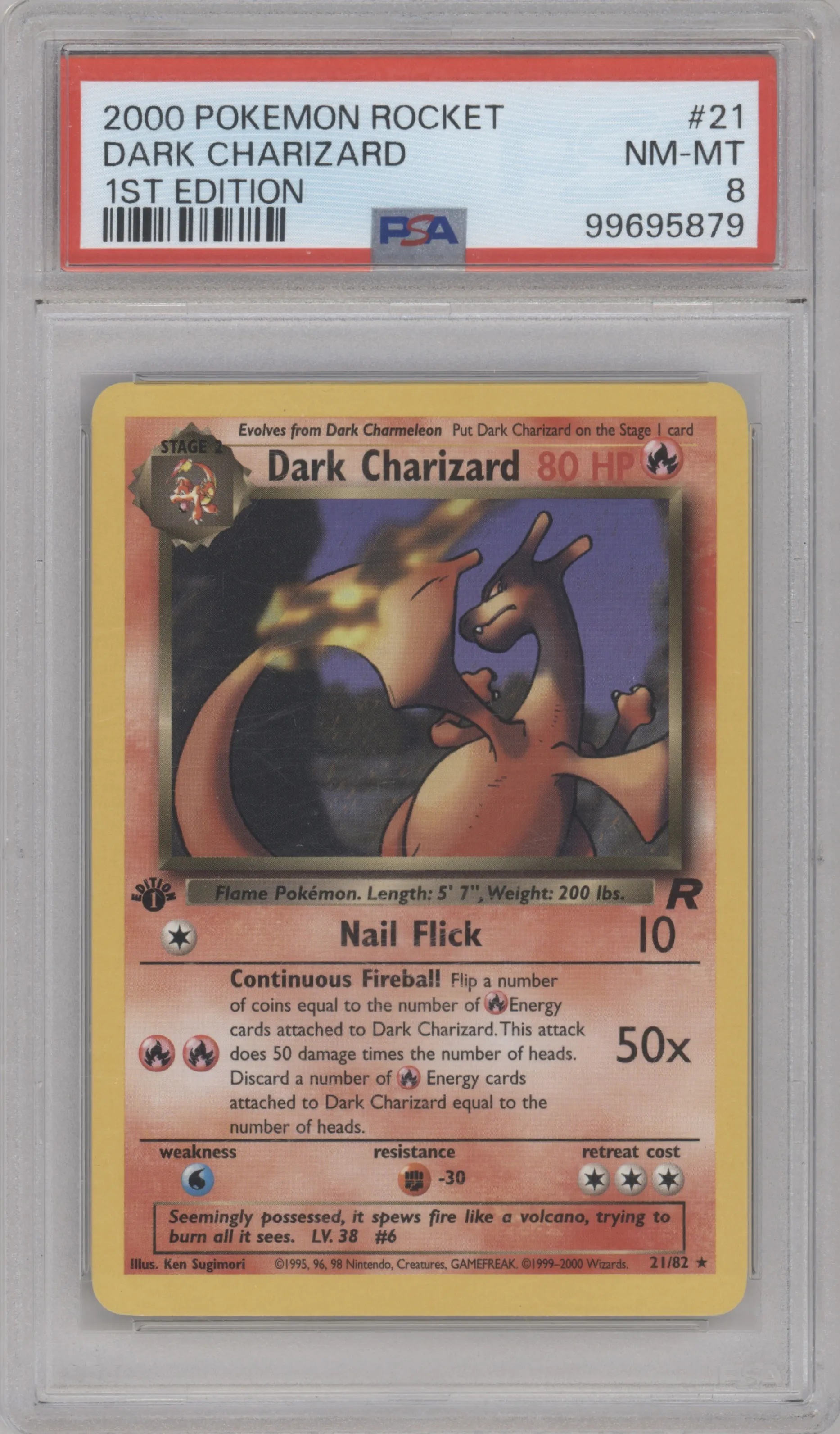 Dark Charizard from the 2000 Pokemon set graded by PSA and given an overall grade of 8.