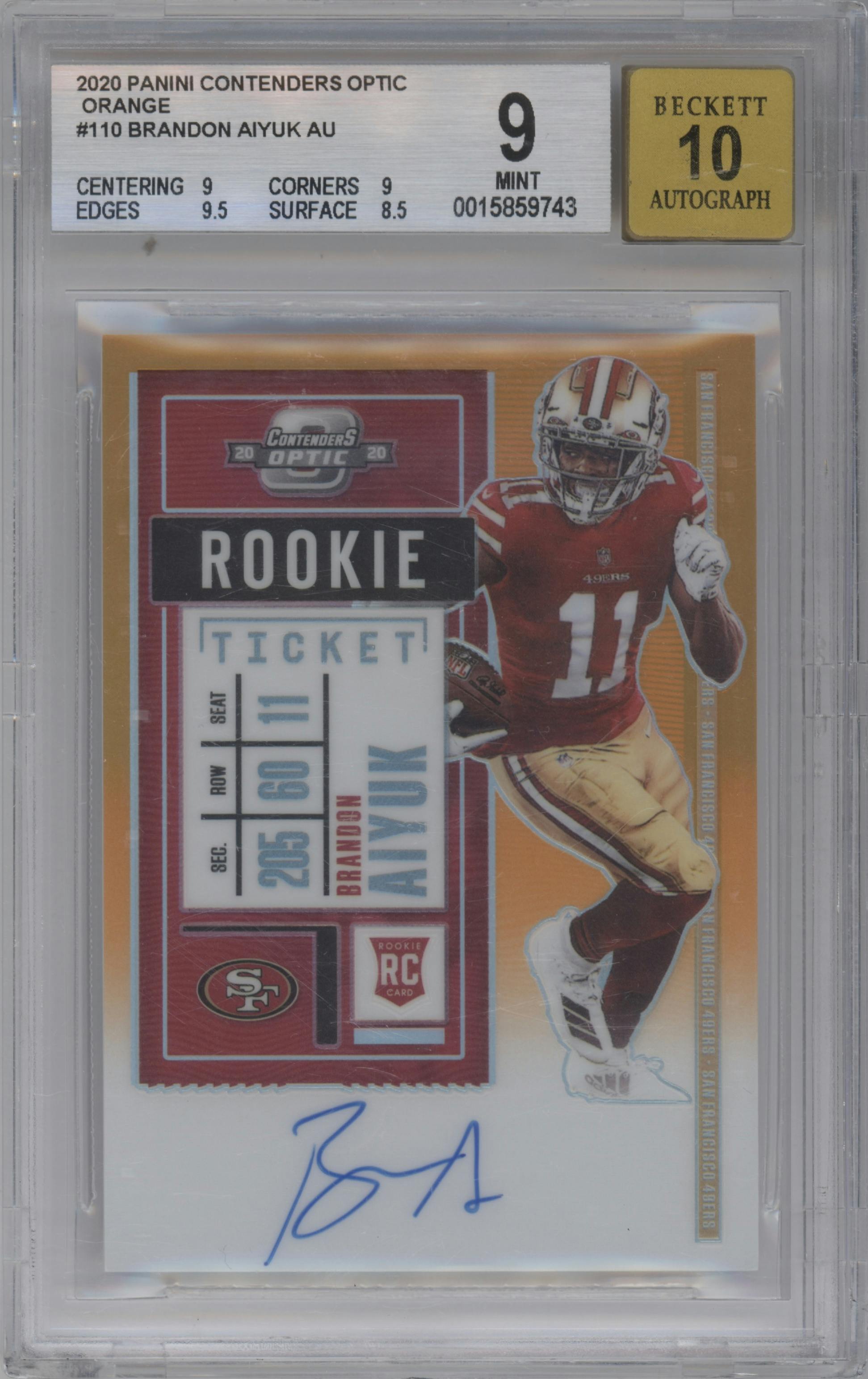 Brandon Aiyuk from the 2020 Panini Contenders Optic set featuring a Orange parallel graded by Beckett and given an overall grade of 9.