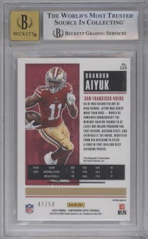 Brandon Aiyuk from the 2020 Panini Contenders Optic set featuring a Orange parallel graded by Beckett and given an overall grade of 9.