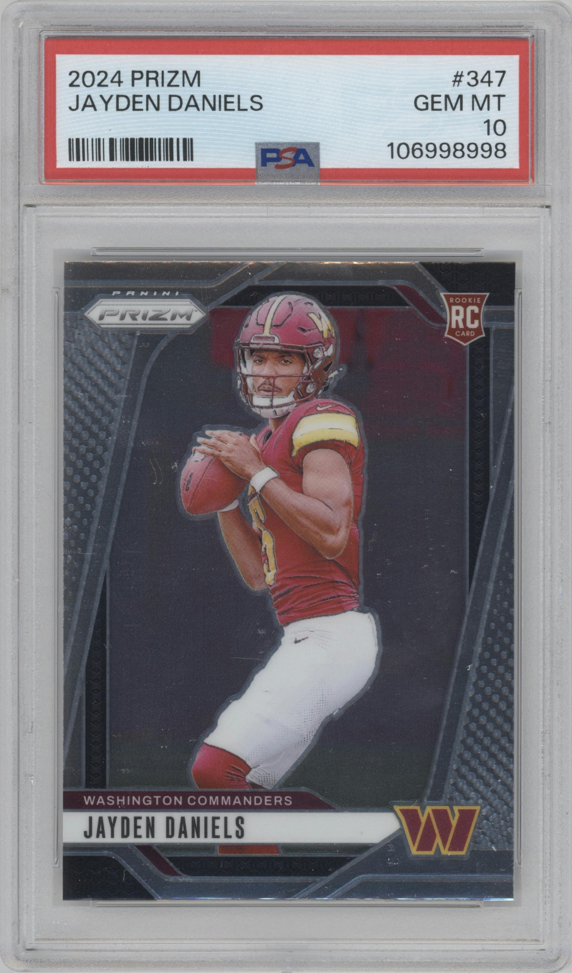 Jayden Daniels from the 2024 Panini Prizm set graded by PSA and given an overall grade of 10.