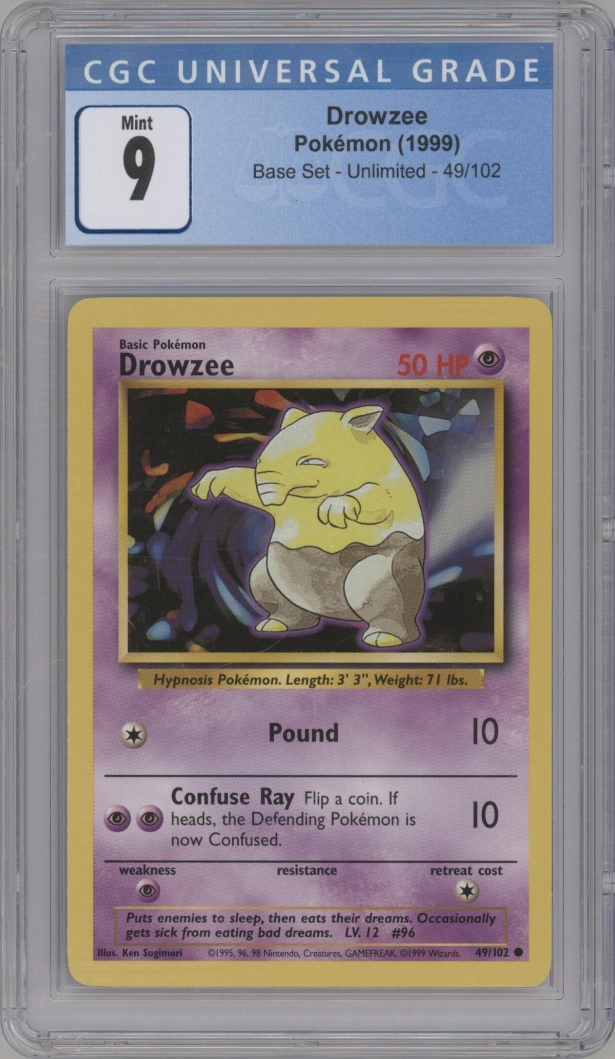 Drowzee from the 1999 Pokemon set graded by CSG and given an overall grade of 9.