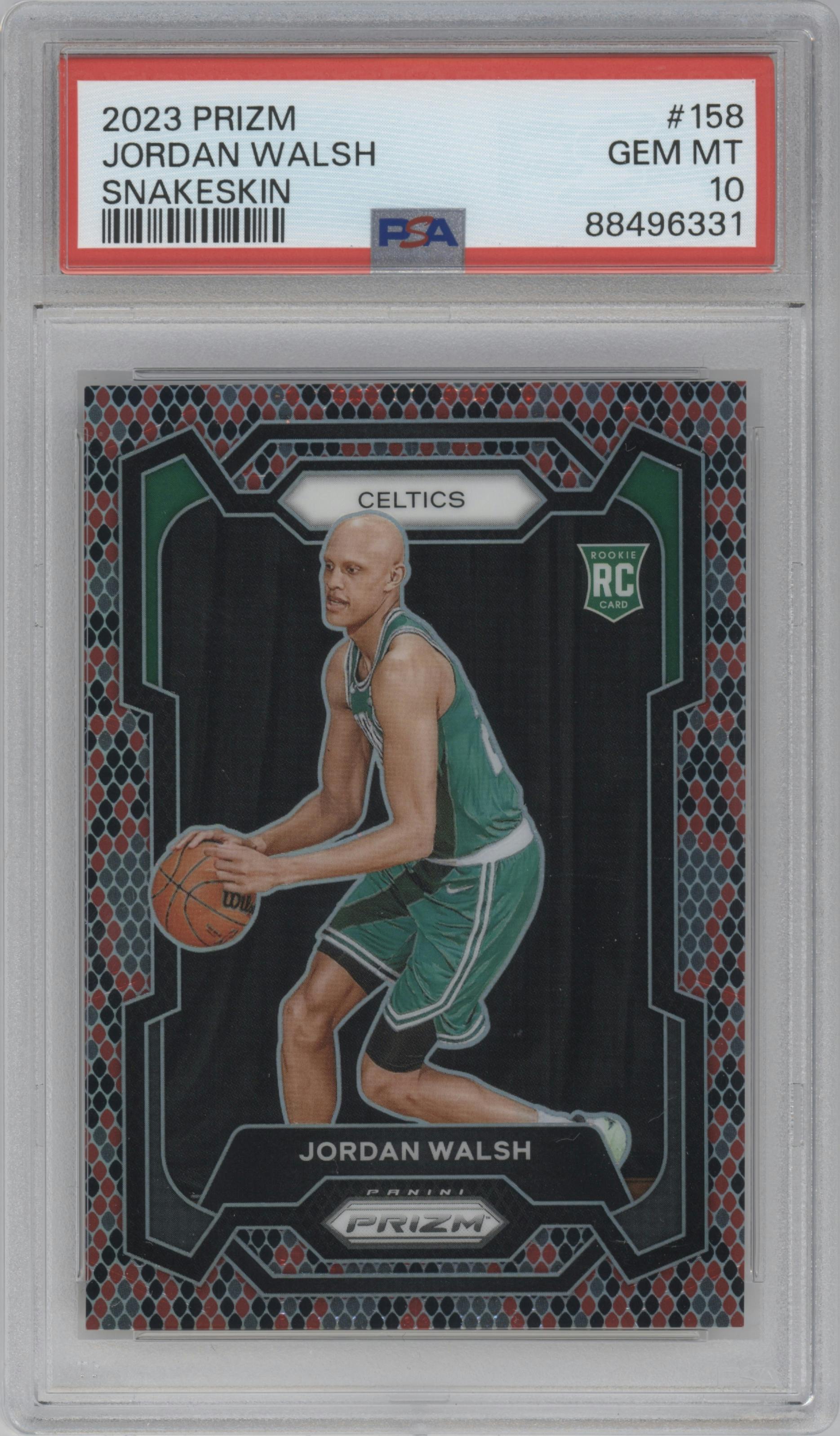 Jordan Walsh from the 2023-24 Panini Prizm set featuring a Snakeskin parallel graded by PSA and given an overall grade of 10.