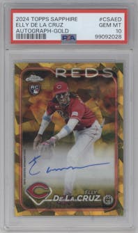 Elly De La Cruz from the 2024 Topps Chrome Sapphire set featuring a Gold parallel graded by PSA and given an overall grade of 10.