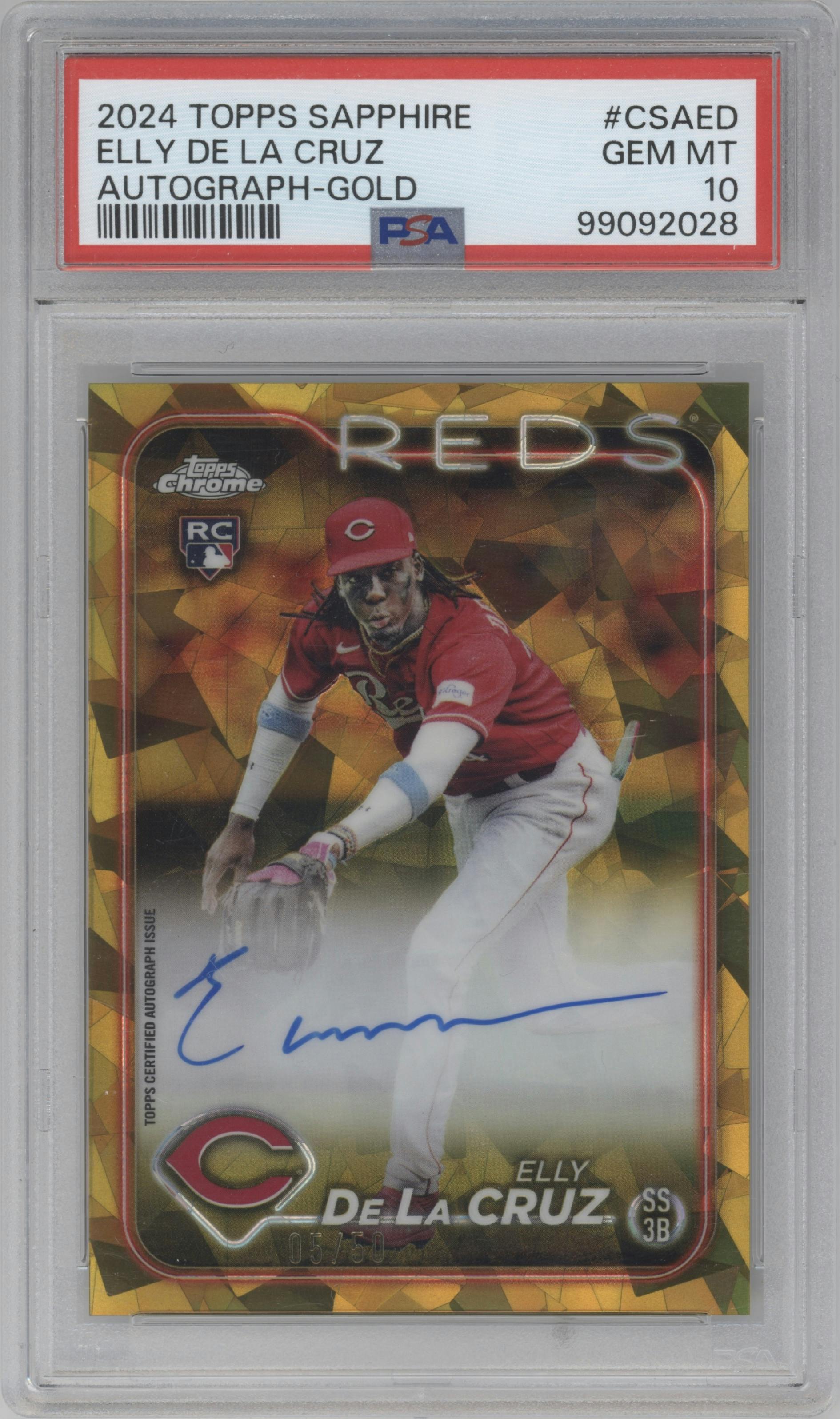 Elly De La Cruz from the 2024 Topps Chrome Sapphire set featuring a Gold parallel graded by PSA and given an overall grade of 10.