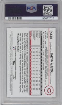 Elly De La Cruz from the 2024 Topps Chrome Sapphire set featuring a Gold parallel graded by PSA and given an overall grade of 10.