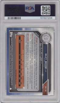 Riley Greene from the 2019 Bowman Draft set featuring a Gold parallel graded by PSA and given an overall grade of 8.
