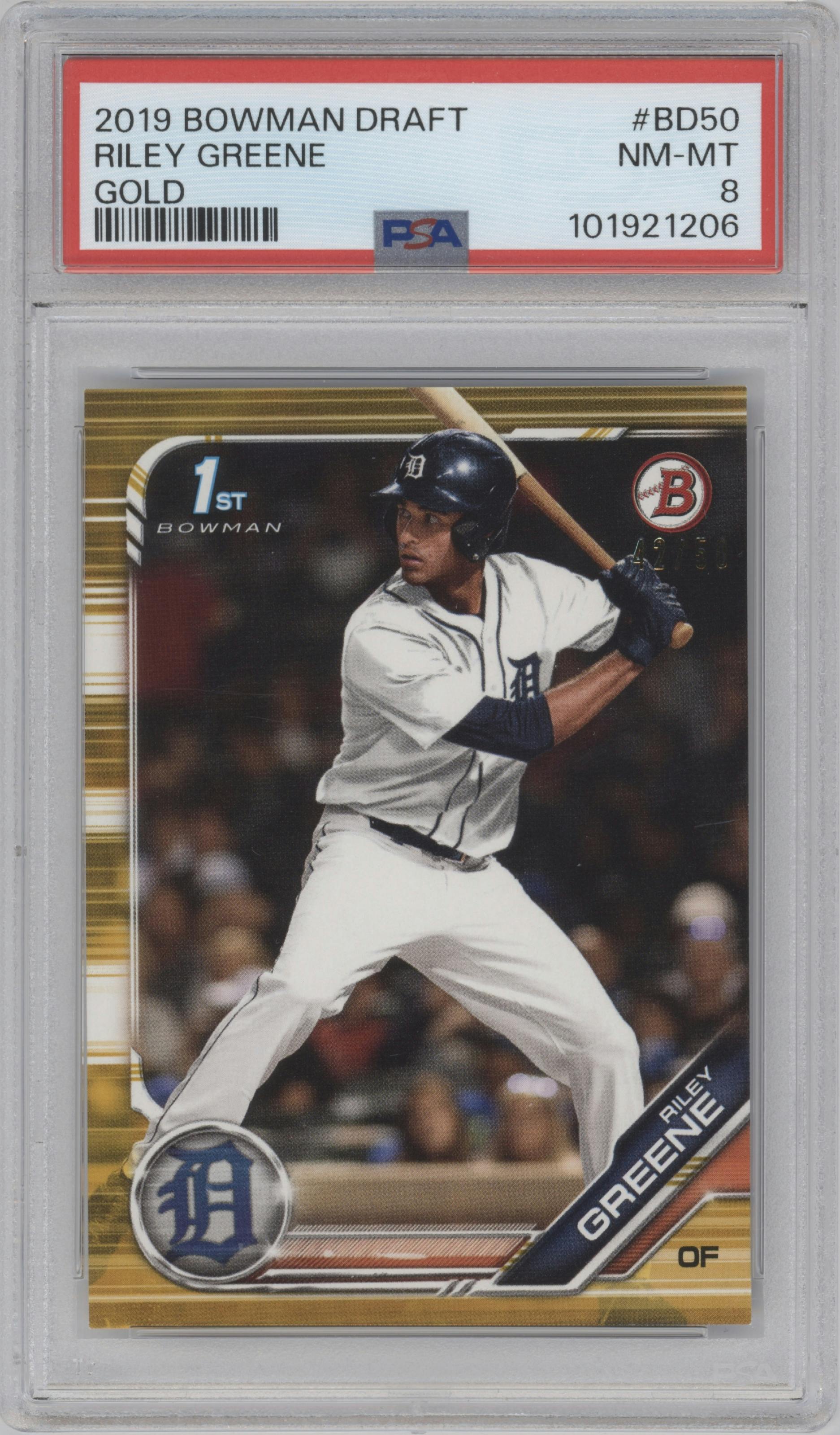 Riley Greene from the 2019 Bowman Draft set featuring a Gold parallel graded by PSA and given an overall grade of 8.