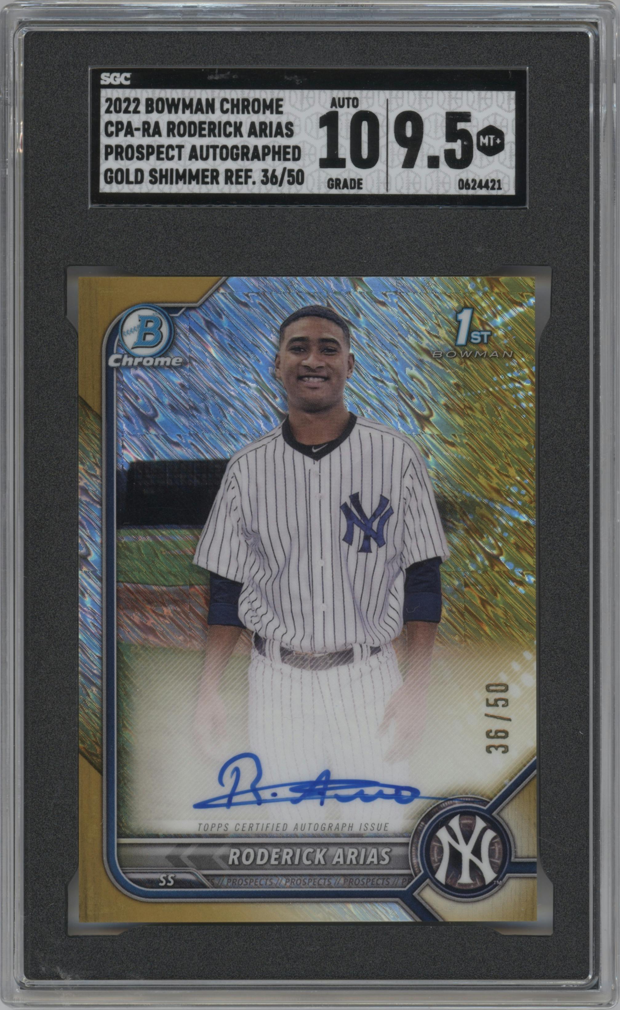 Roderick Arias from the 2022 Bowman Chrome set featuring a Gold Shimmer Refractor parallel graded by SGC and given an overall grade of 9.5.