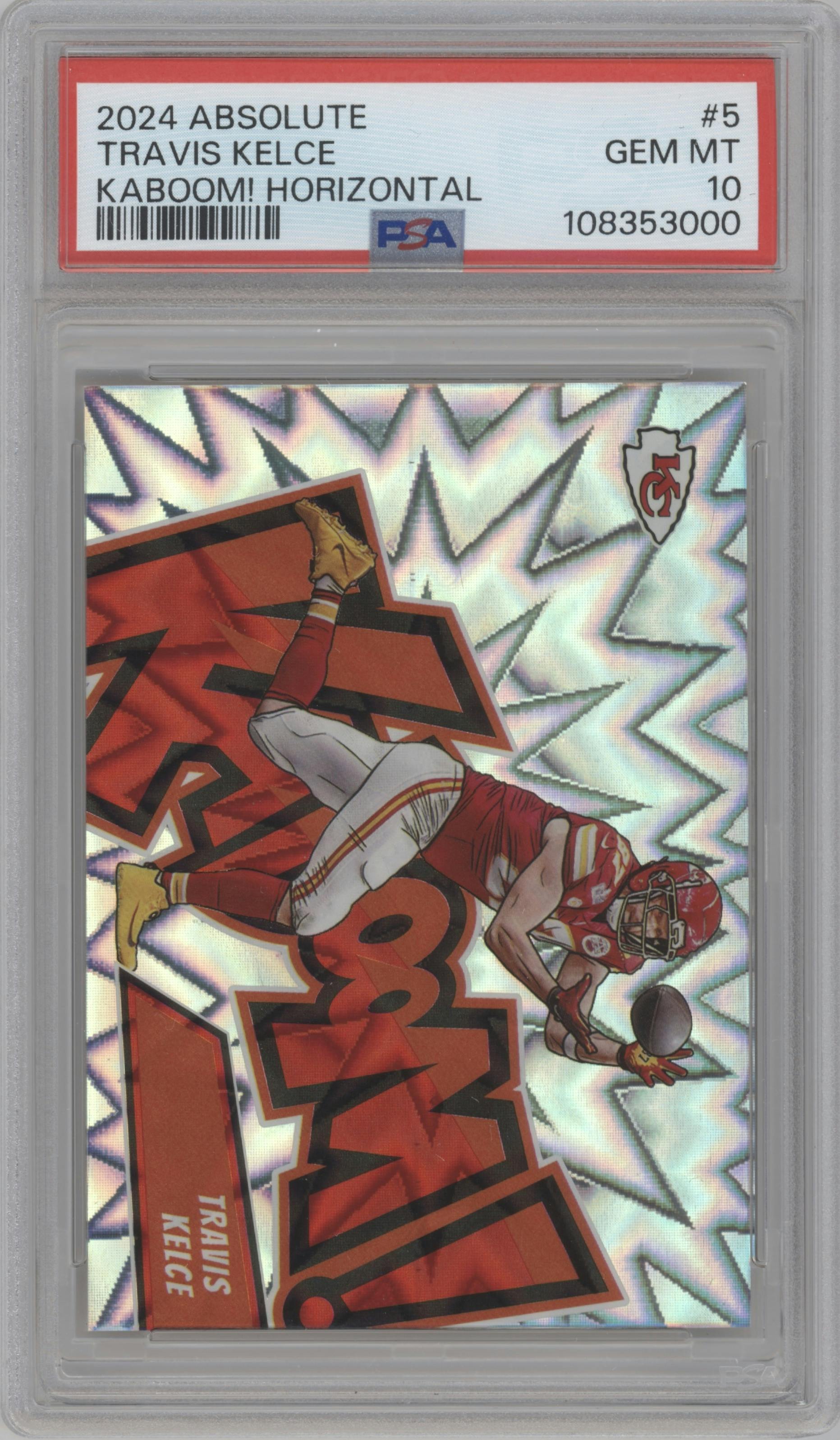 Travis Kelce from the 2024 Panini Absolute set graded by PSA and given an overall grade of 10.