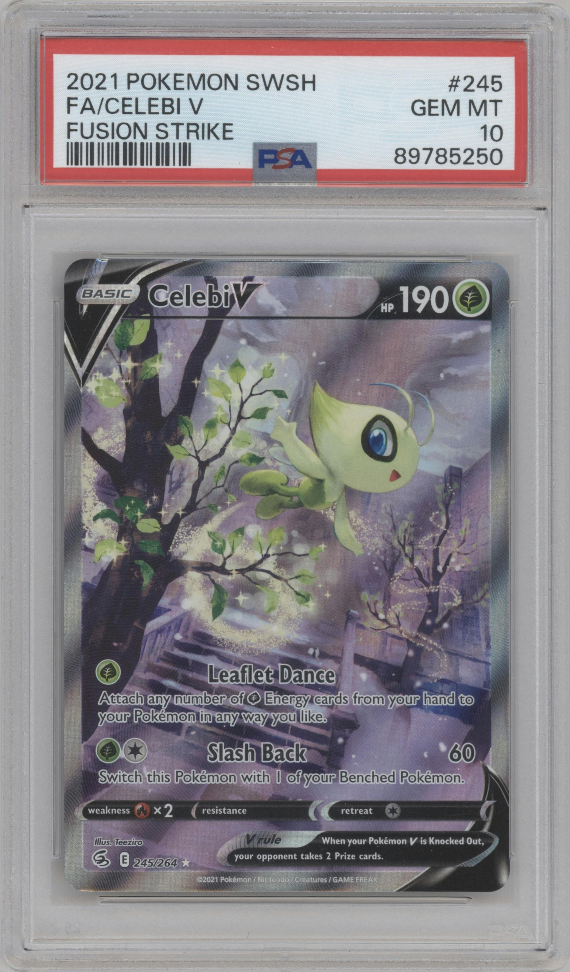 Celebi V from the 2021 Pokemon SWSH set graded by PSA and given an overall grade of 10.