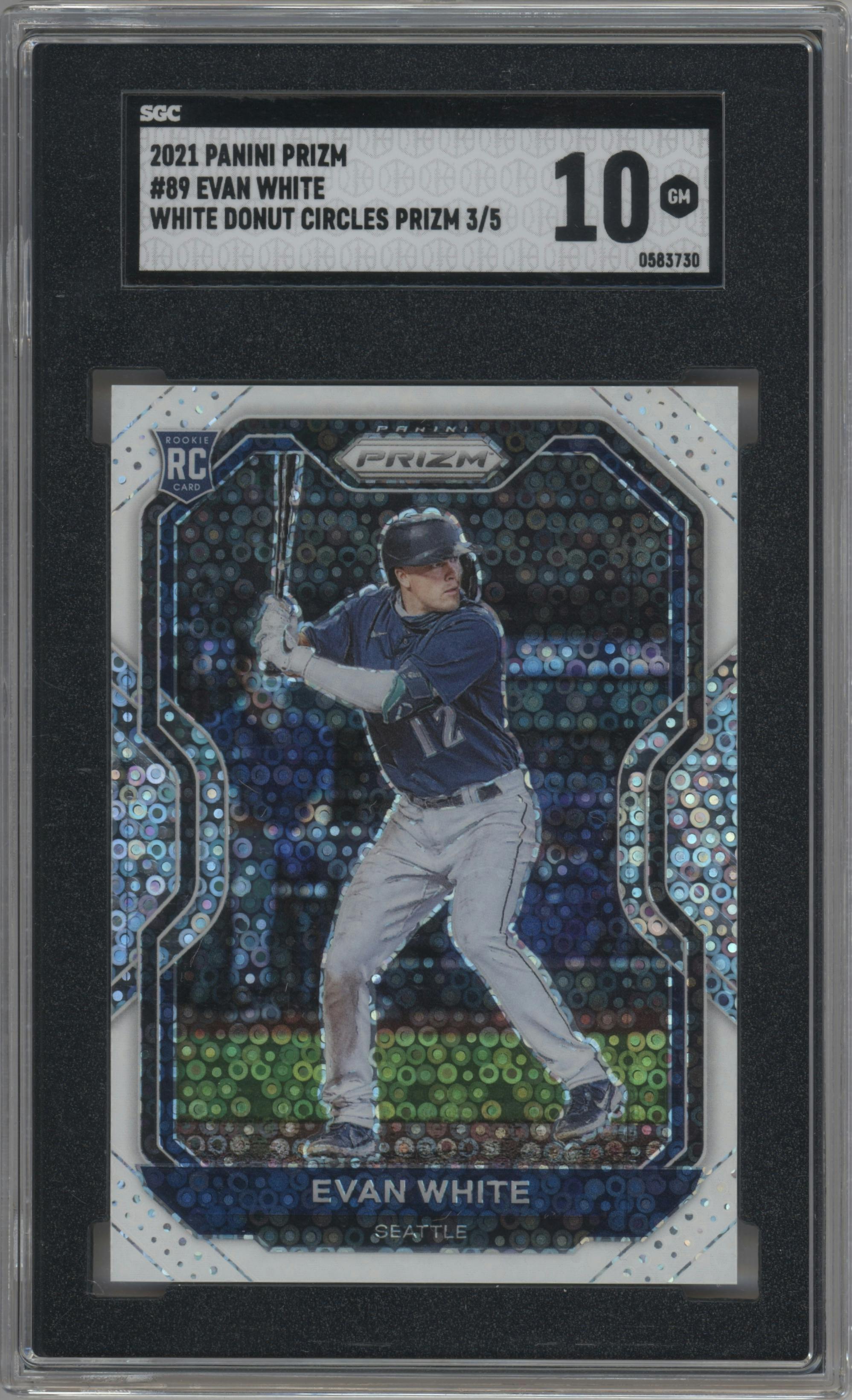 Evan White from the 2021 Panini Prizm set featuring a White Donut Circles parallel graded by SGC and given an overall grade of 10.