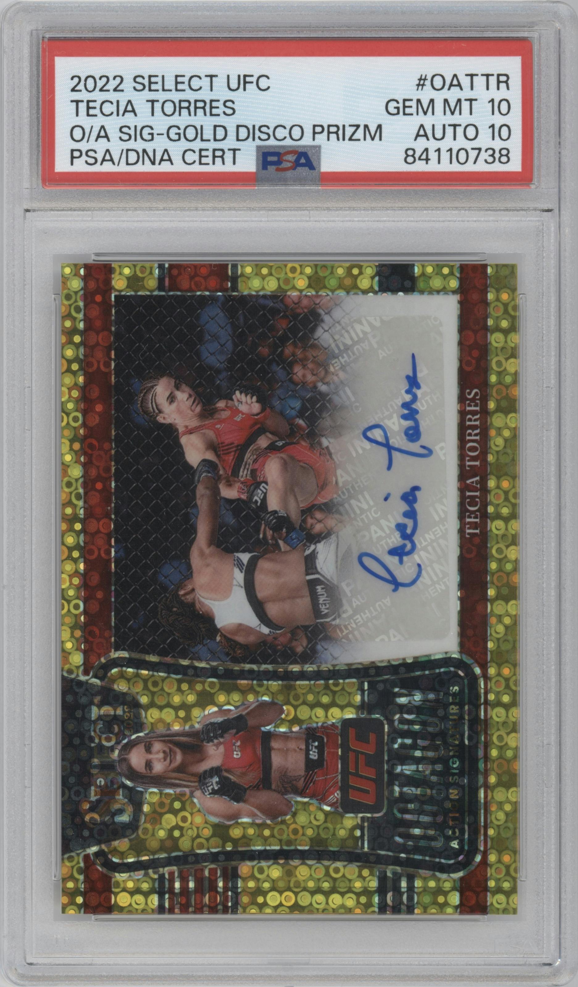 Tecia Torres from the 2022 Panini Select UFC  set featuring a Disco Gold parallel graded by PSA and given an overall grade of 10.