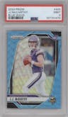 J.J. McCarthy from the 2024 Panini Prizm set featuring a Blue Wave Prizm parallel graded by PSA and given an overall grade of 9.