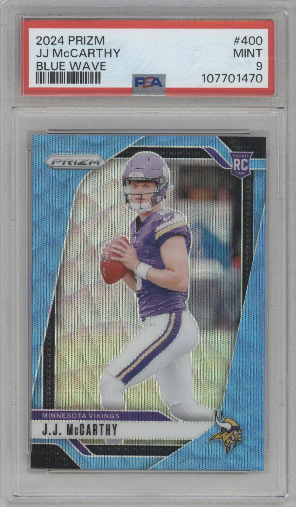 J.J. McCarthy from the 2024 Panini Prizm set featuring a Blue Wave Prizm parallel graded by PSA and given an overall grade of 9.