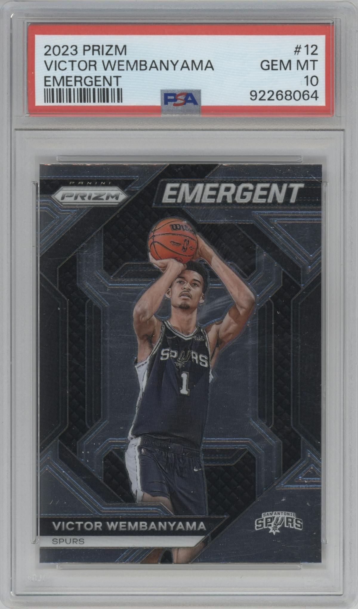 Victor Wembanyama from the 2023-24 Panini Prizm set graded by PSA and given an overall grade of 10.