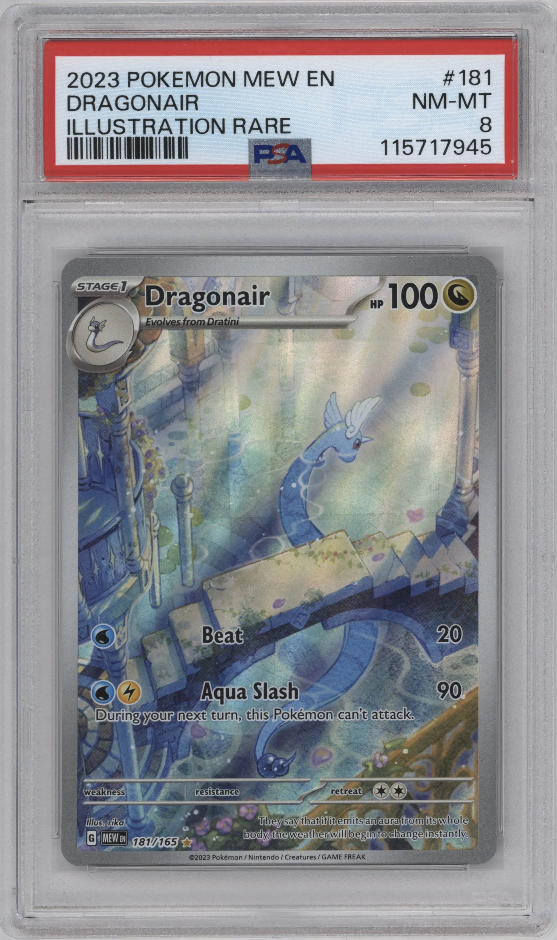 Dragonair from the 2023 Pokemon SV set graded by PSA and given an overall grade of 8.
