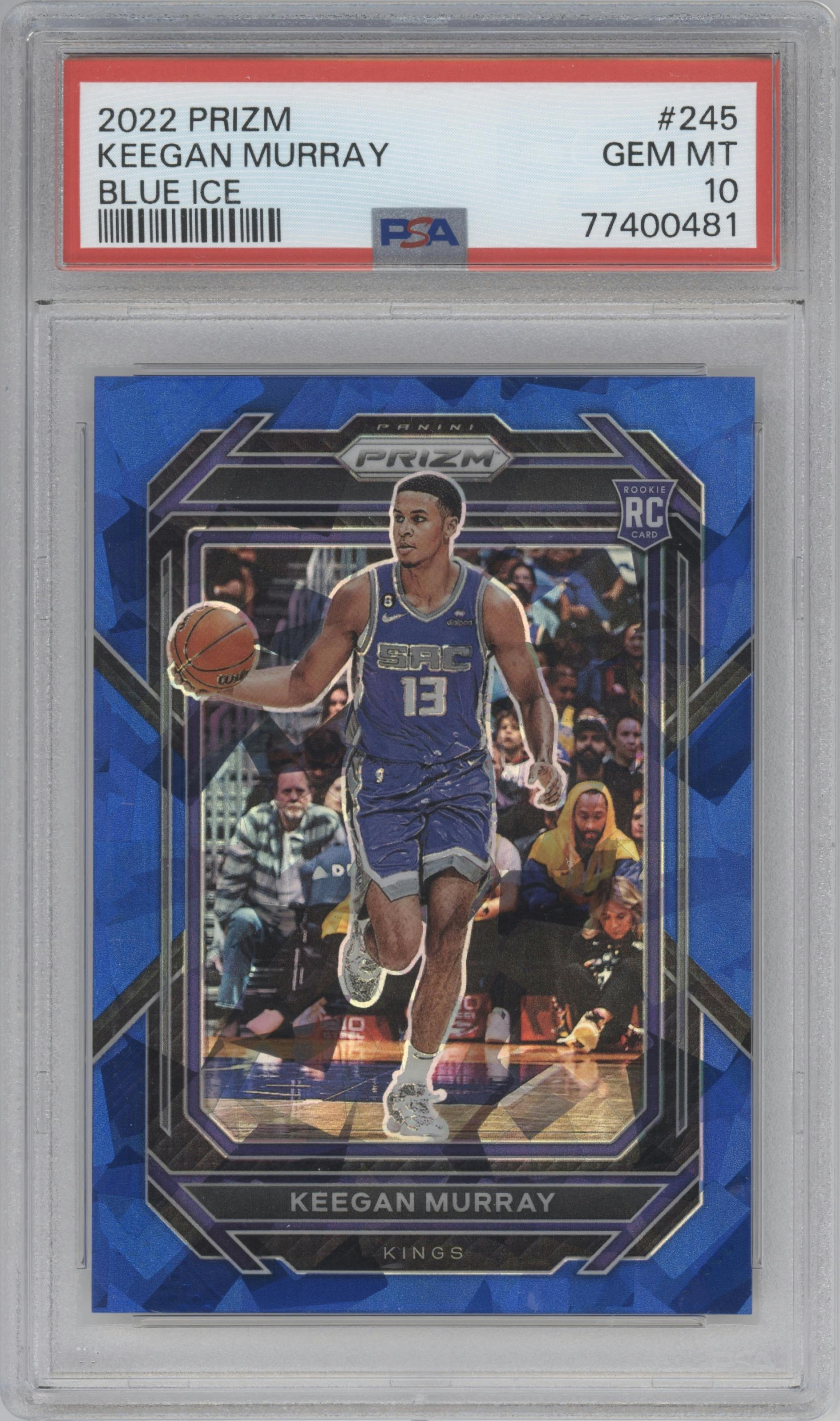 Keegan Murray from the 2022-23 Panini Prizm  set featuring a Blue Ice parallel graded by PSA and given an overall grade of 10.