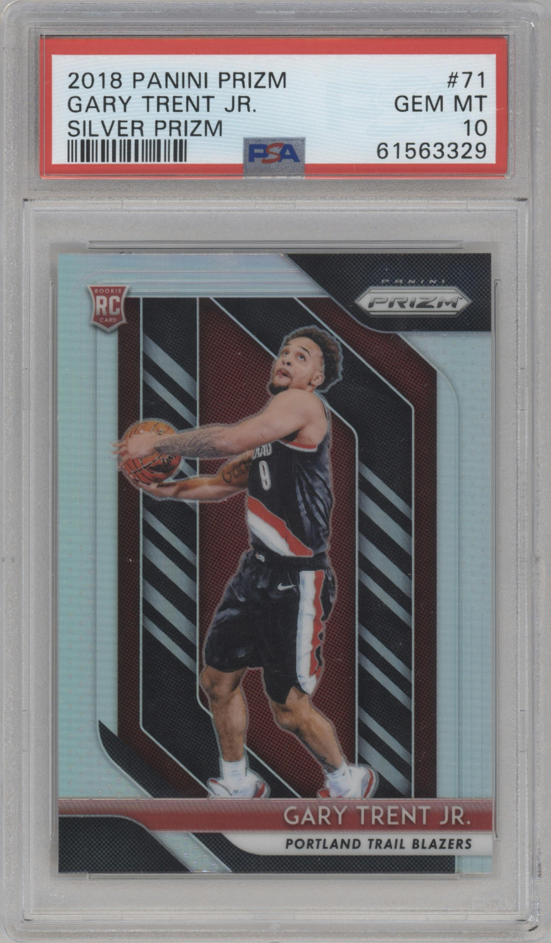 Gary Trent Jr. from the 2018-19 Panini Prizm set featuring a Silver Prizm parallel graded by PSA and given an overall grade of 10.