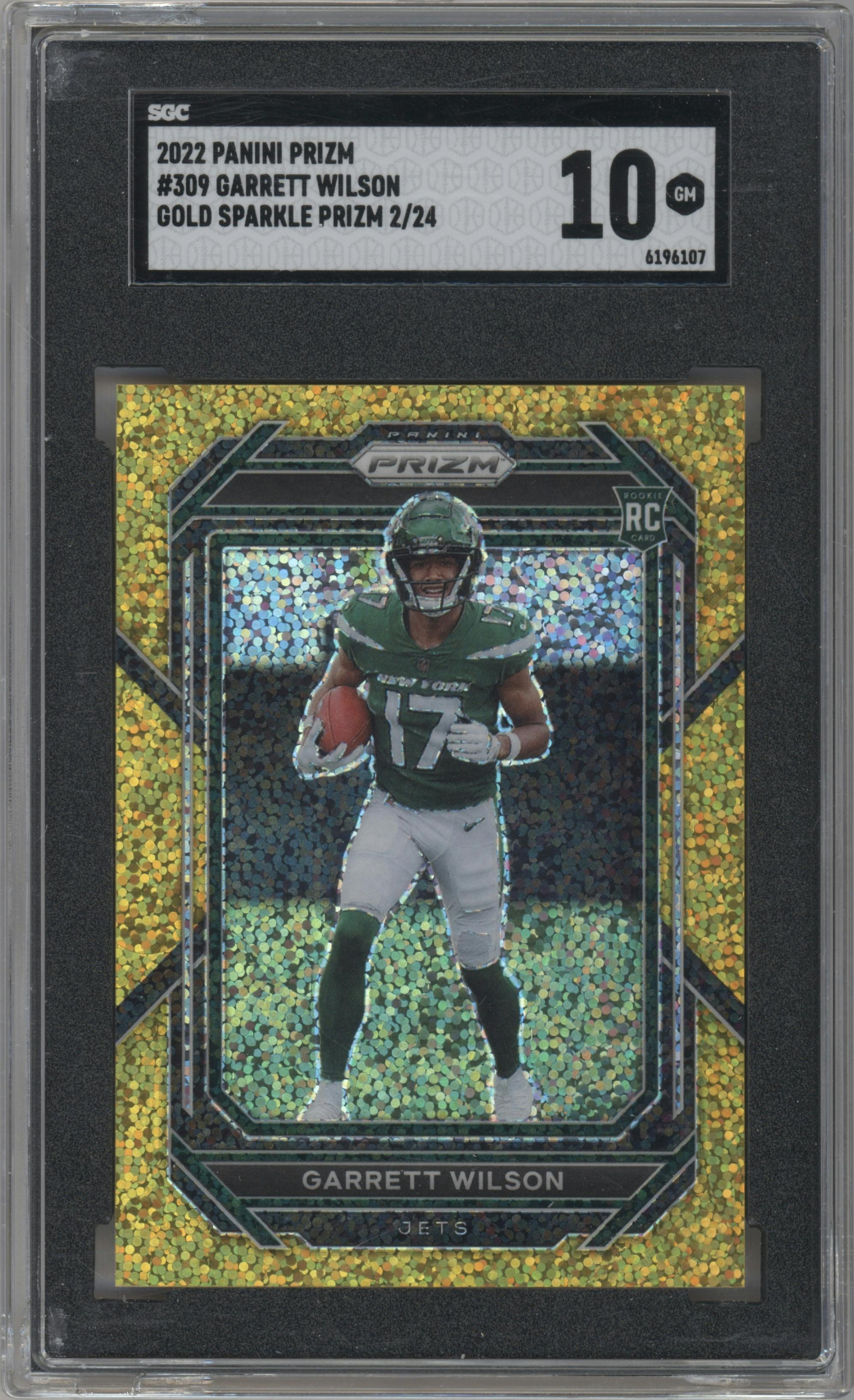 Garrett Wilson from the 2022 Panini Prizm set featuring a Gold Sparkle parallel graded by SGC and given an overall grade of 10.