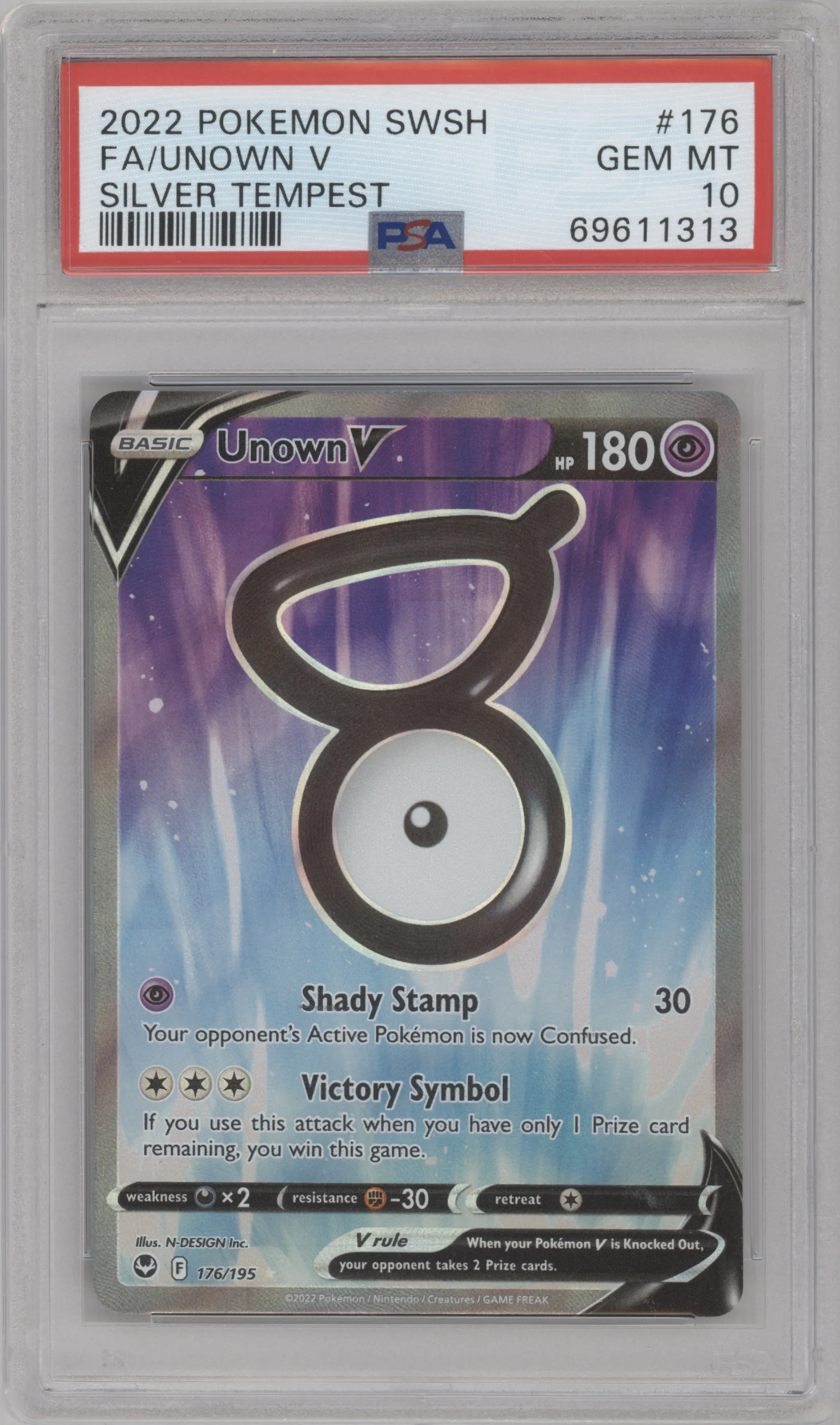 Unown V from the 2022 Pokemon SWSH set graded by PSA and given an overall grade of 10.