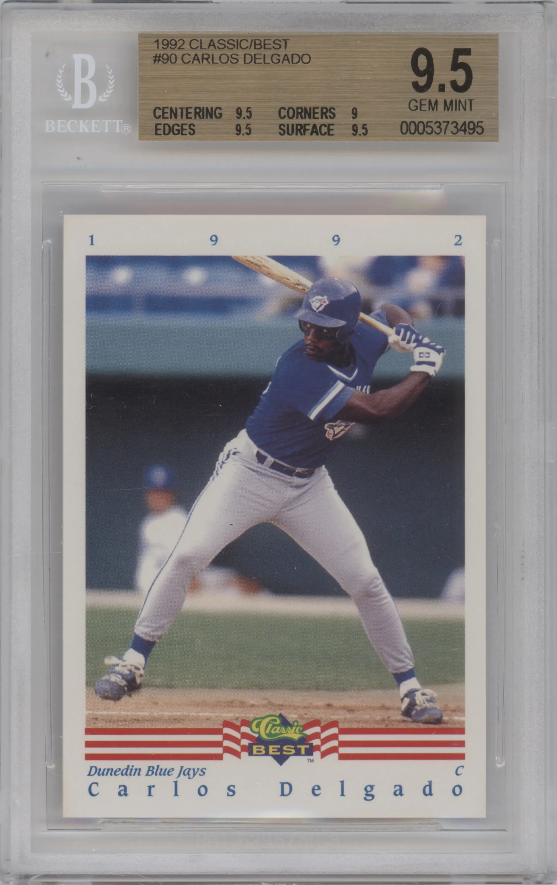 Carlos Delgado from the 1992 Classic Best set graded by Beckett and given an overall grade of 9.5.
