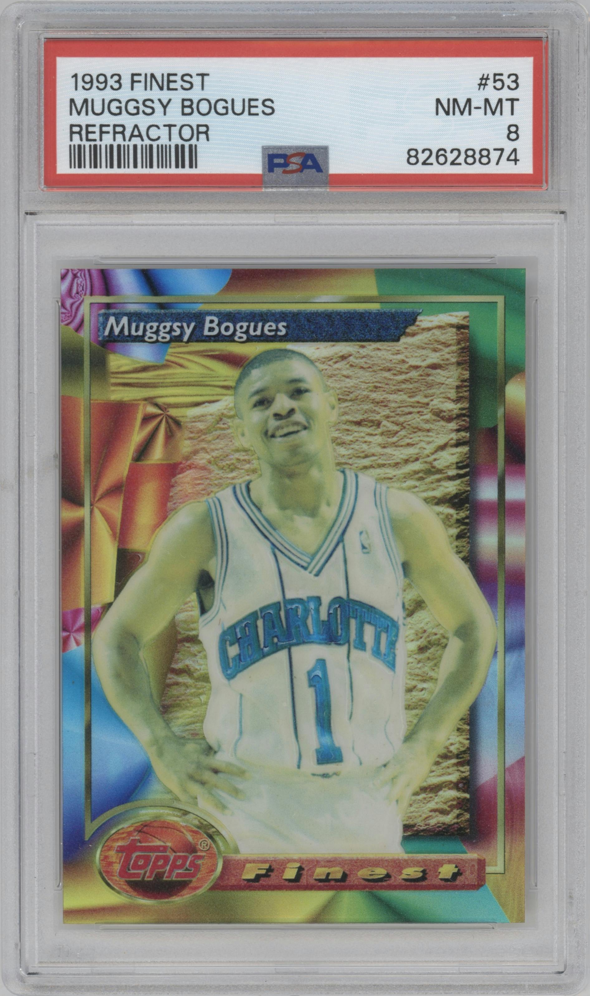 Muggsy Bogues from the 1993-94 Topps Finest  set featuring a Refractor parallel graded by PSA and given an overall grade of 8.
