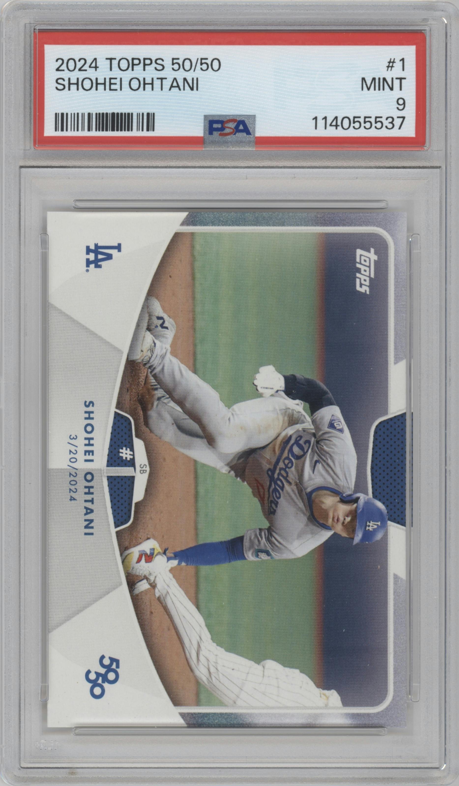 Shohei Ohtani from the 2024 Topps 50/50 set graded by PSA and given an overall grade of 9.
