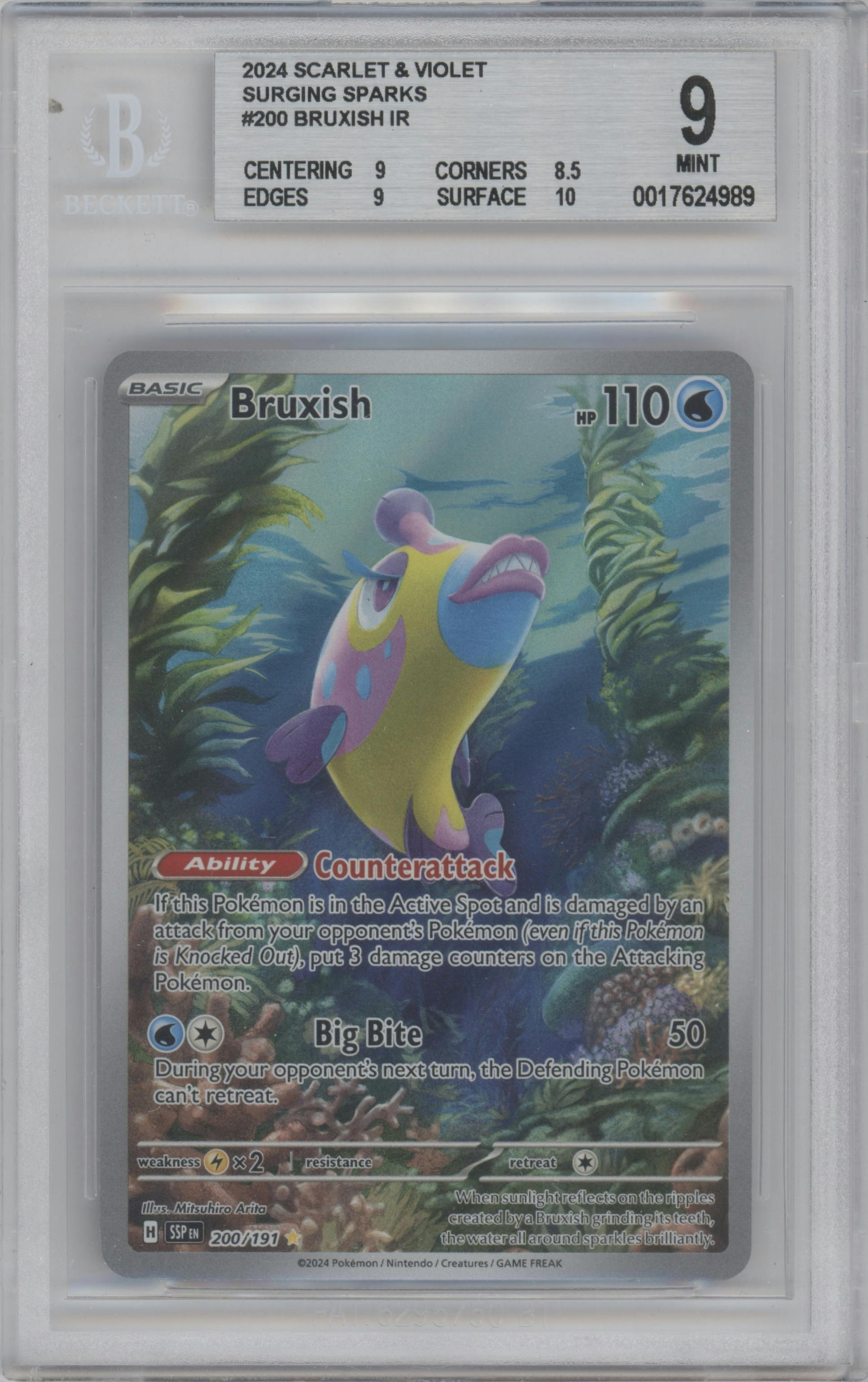Bruxish from the 2024 Pokemon SV set graded by Beckett and given an overall grade of 9.