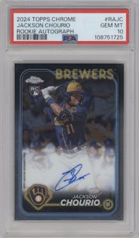 Jackson Chourio from the 2024 Topps Chrome set graded by PSA and given an overall grade of 10.
