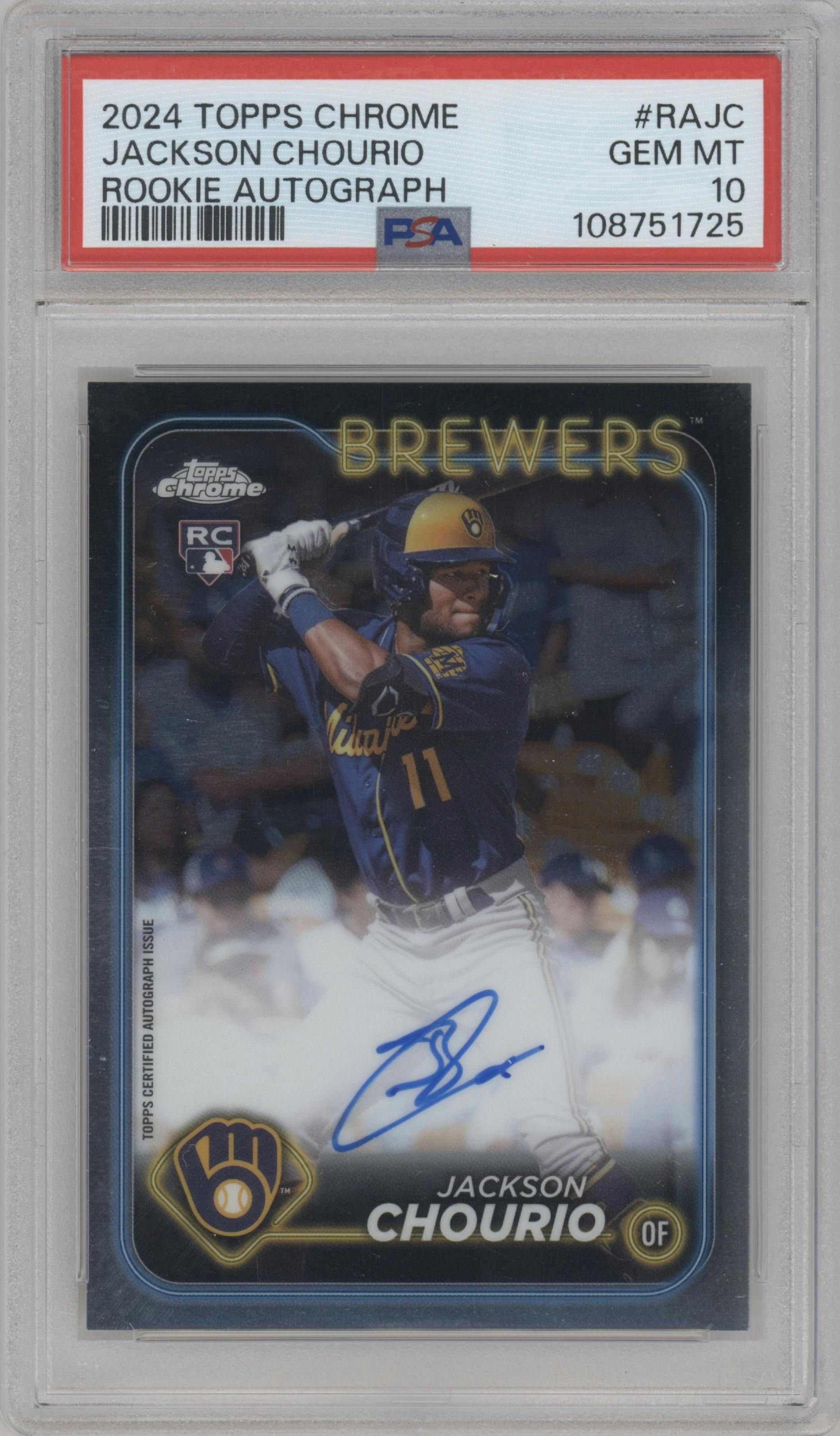 Jackson Chourio from the 2024 Topps Chrome set graded by PSA and given an overall grade of 10.
