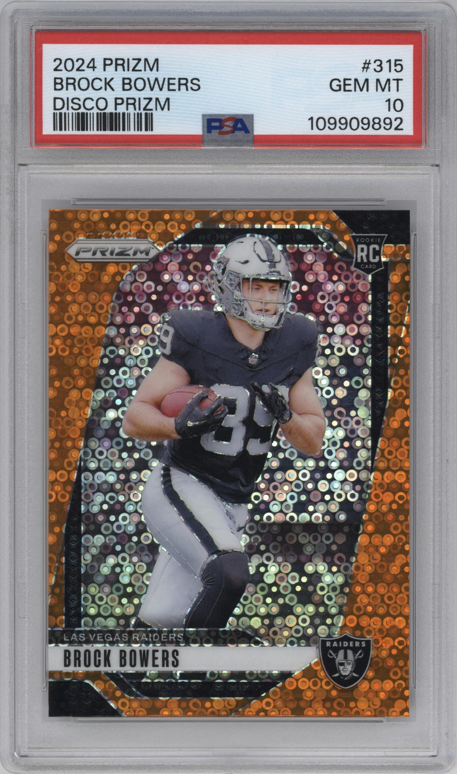 Brock Bowers from the 2024 Panini Prizm set featuring a Disco parallel graded by PSA and given an overall grade of 10.
