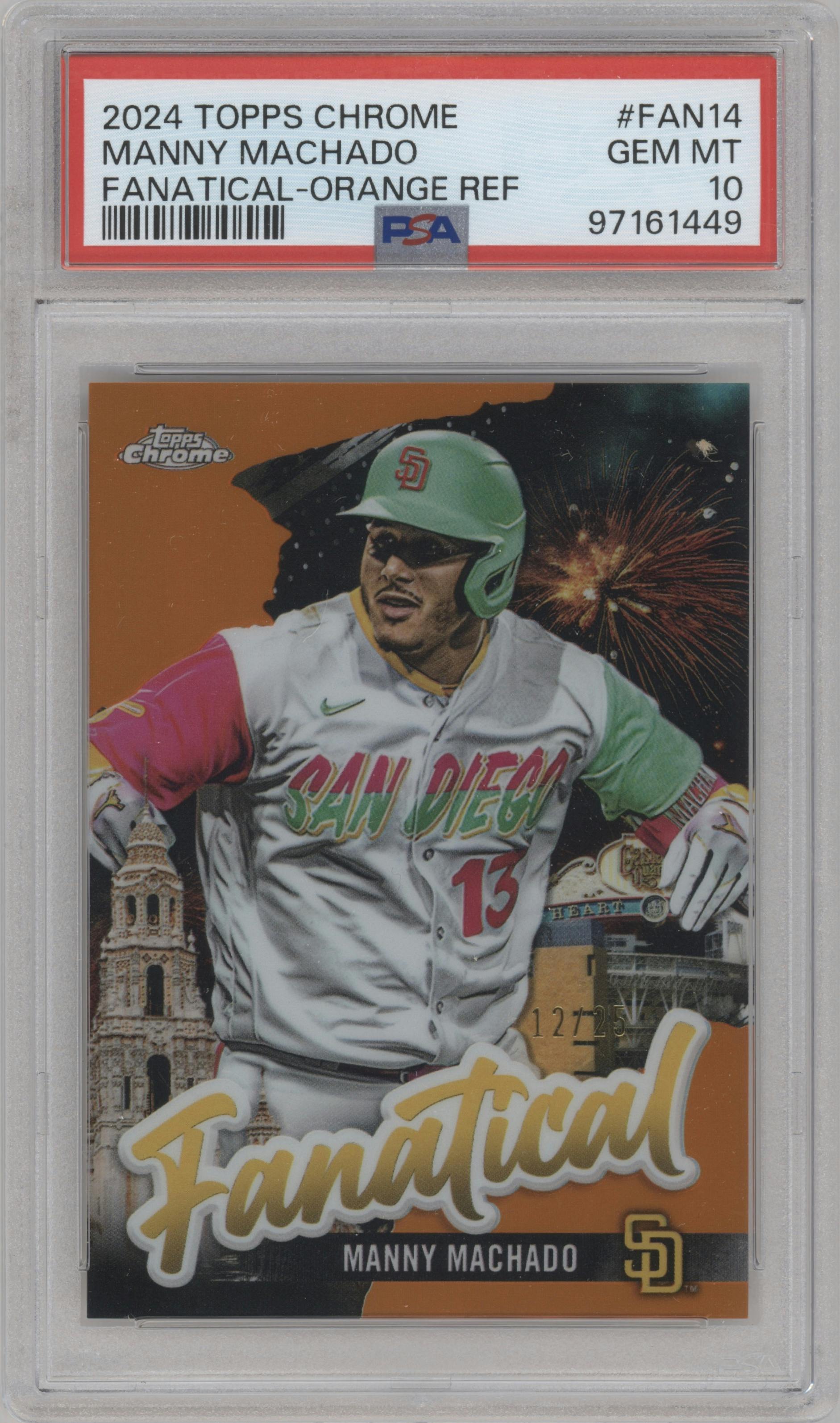Manny Machado from the 2024 Topps Chrome set featuring a Orange parallel graded by PSA and given an overall grade of 10.