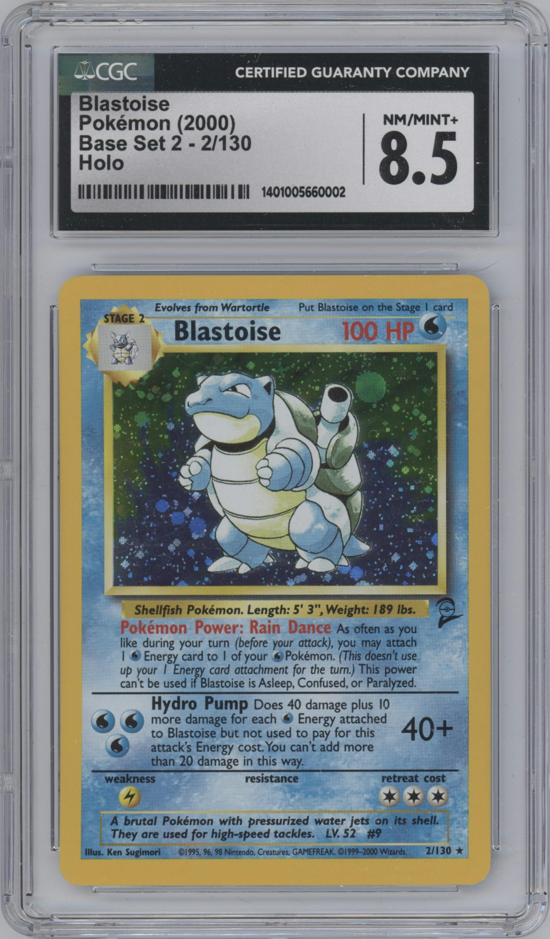 Blastoise from the 2000 Pokemon set graded by CSG and given an overall grade of 8.5.