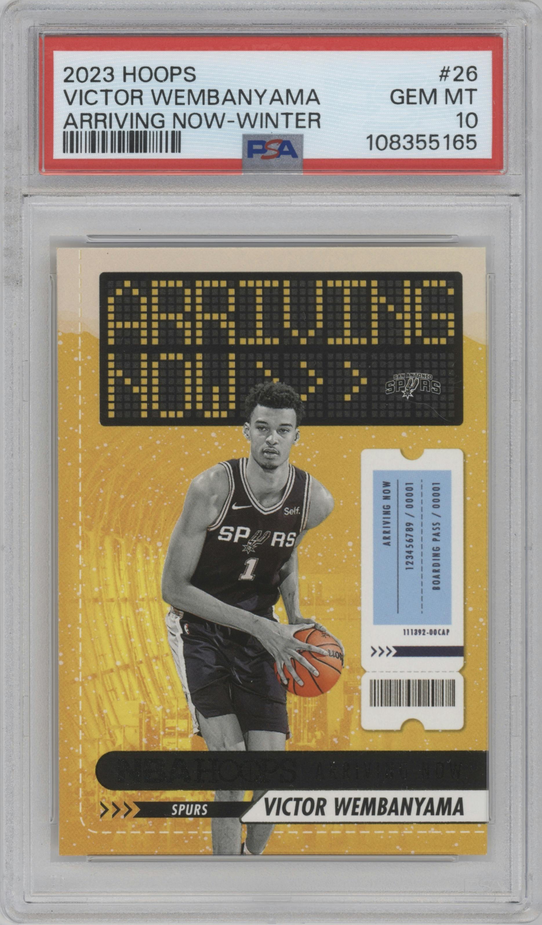 Victor Wembanyama from the 2023-24 Panini NBA Hoops set featuring a Winter parallel graded by PSA and given an overall grade of 10.