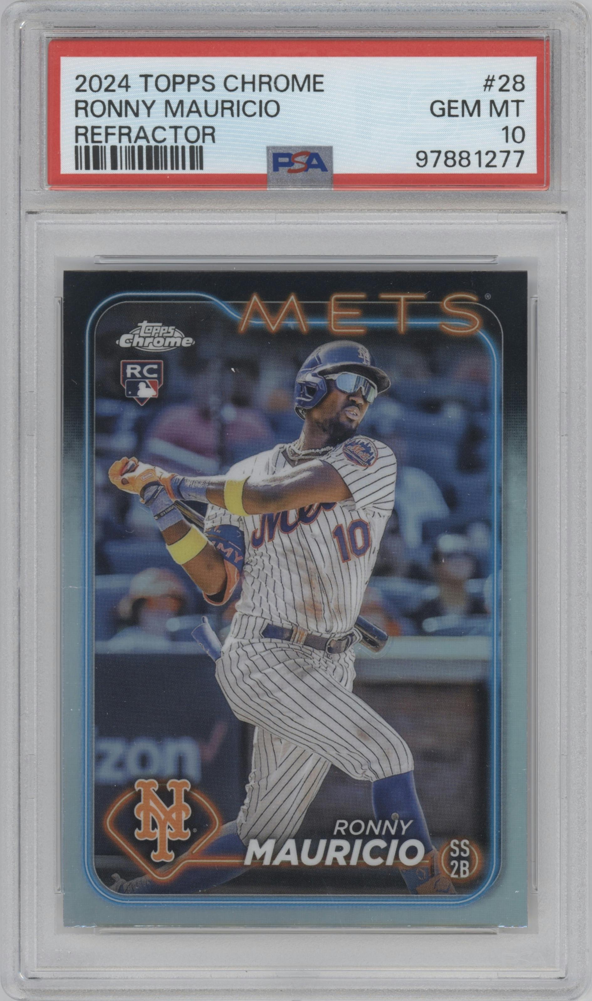 Ronny Mauricio from the 2024 Topps Chrome set featuring a Refractor parallel graded by PSA and given an overall grade of 10.