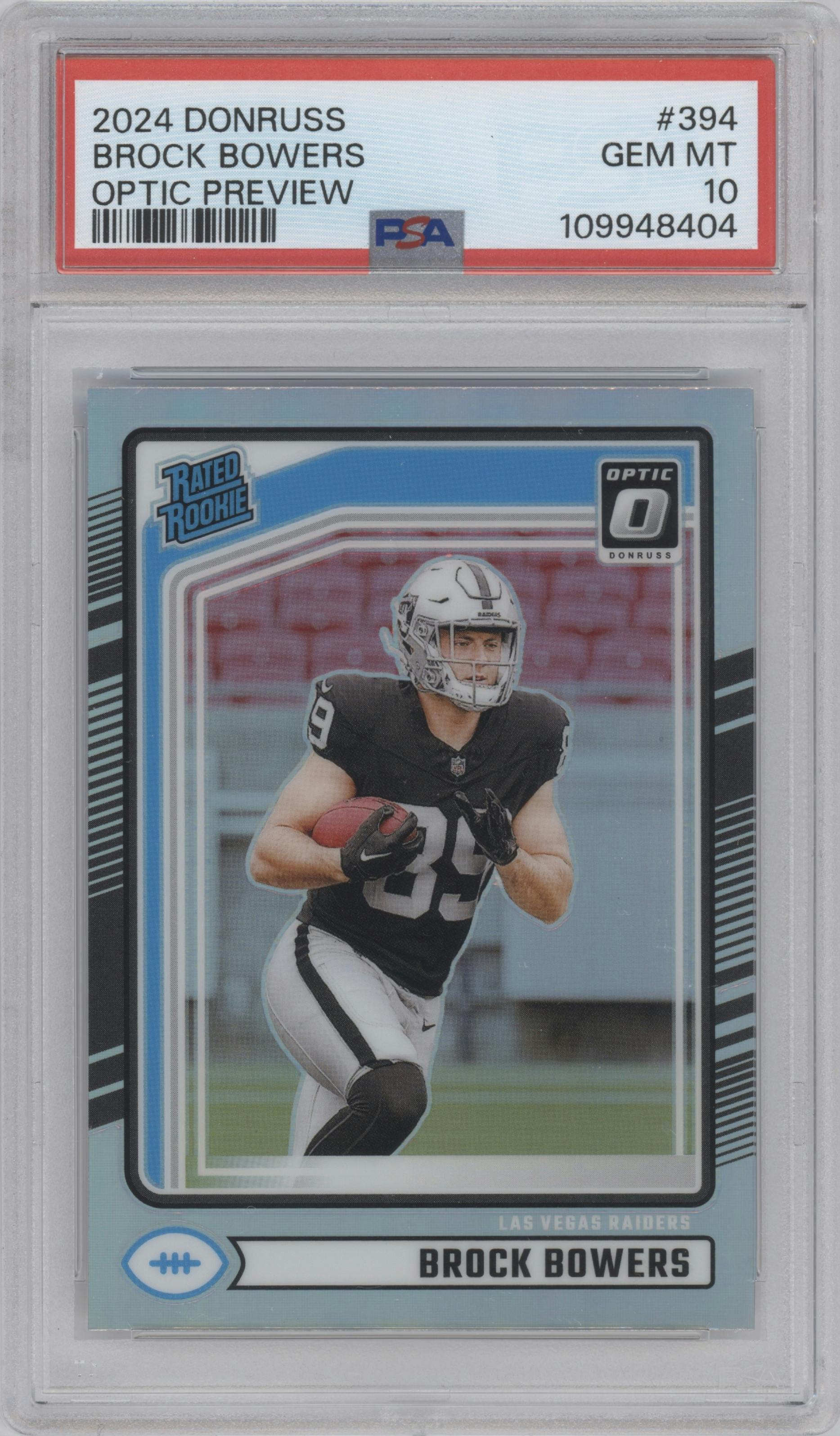 Brock Bowers from the 2024 Donruss set graded by PSA and given an overall grade of 10.