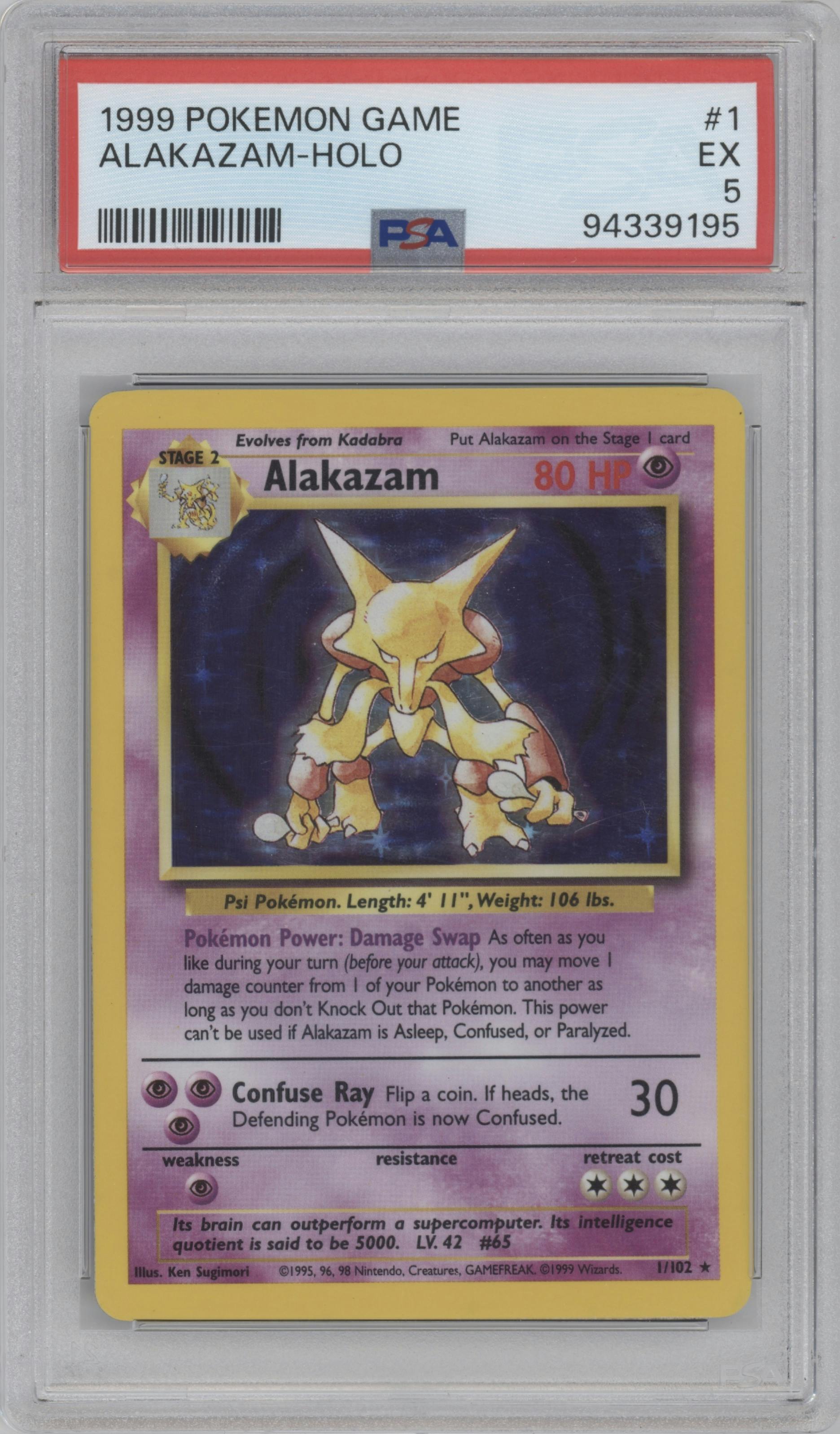 Alakazam from the 1999 Pokemon set graded by PSA and given an overall grade of 5.