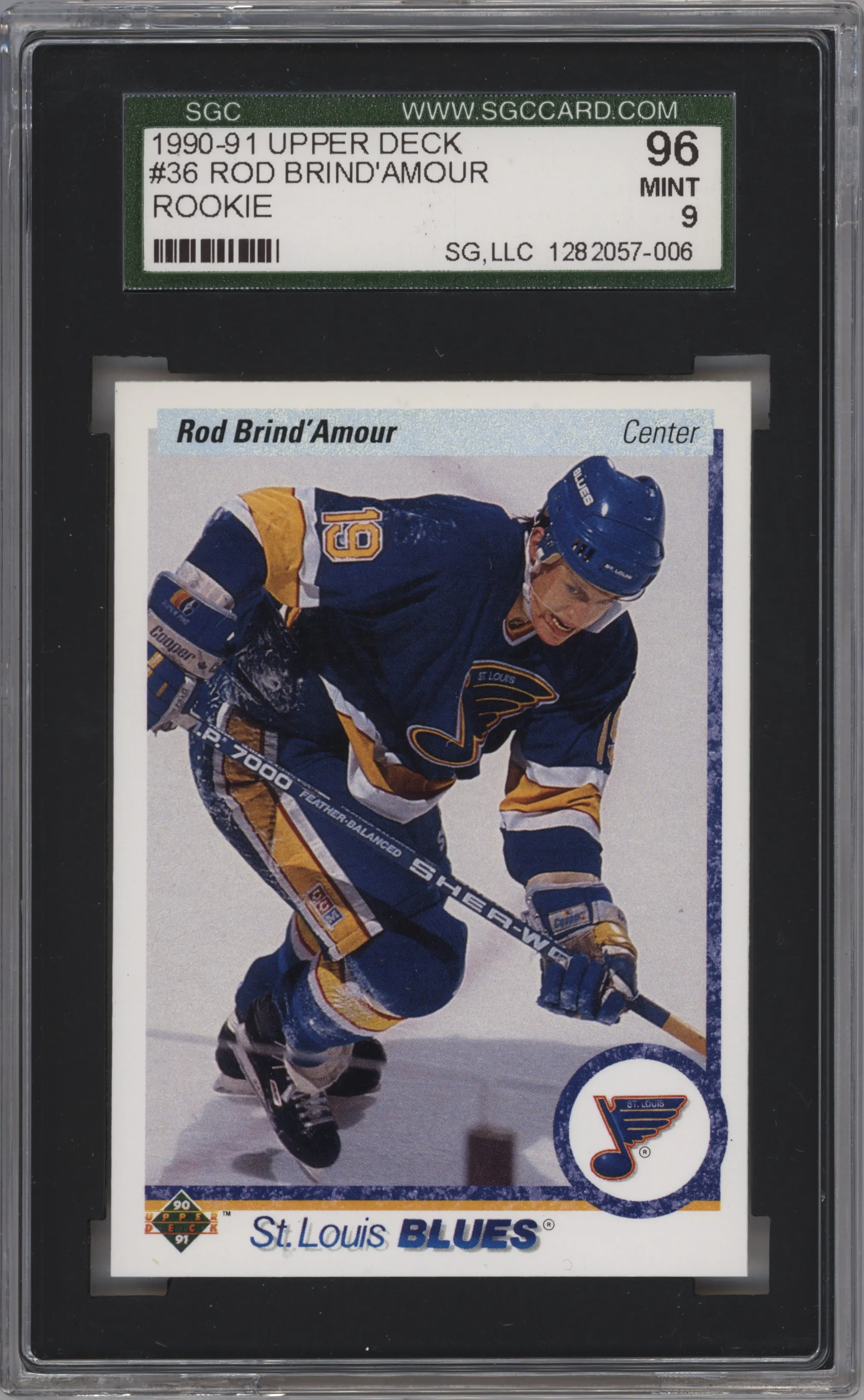 Rod Brind'Amour from the 1990-91 Upper Deck set graded by SGC and given an overall grade of 9.