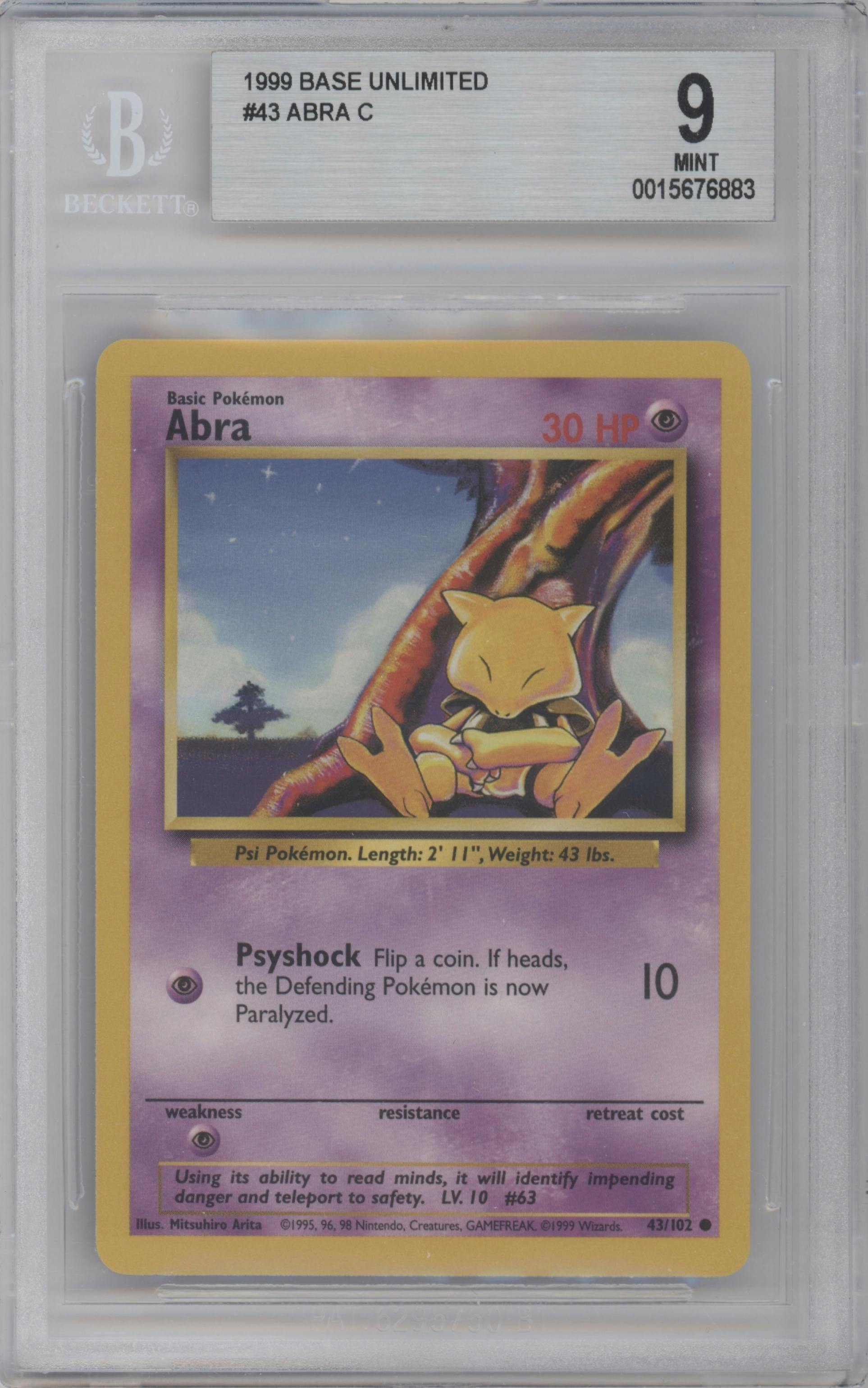 Abra from the 1999 Pokemon set graded by Beckett and given an overall grade of 9.