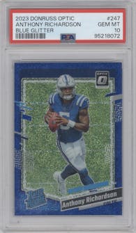 Anthony Richardson from the 2023 Donruss Optic set featuring a Blue Glitter parallel graded by PSA and given an overall grade of 10.