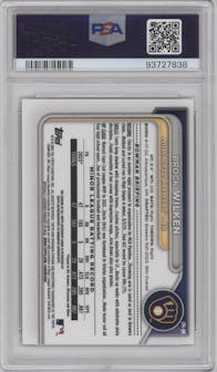 Brock Wilken from the 2024 Bowman set featuring a Green Shimmer Refractor parallel graded by PSA and given an overall grade of 10.