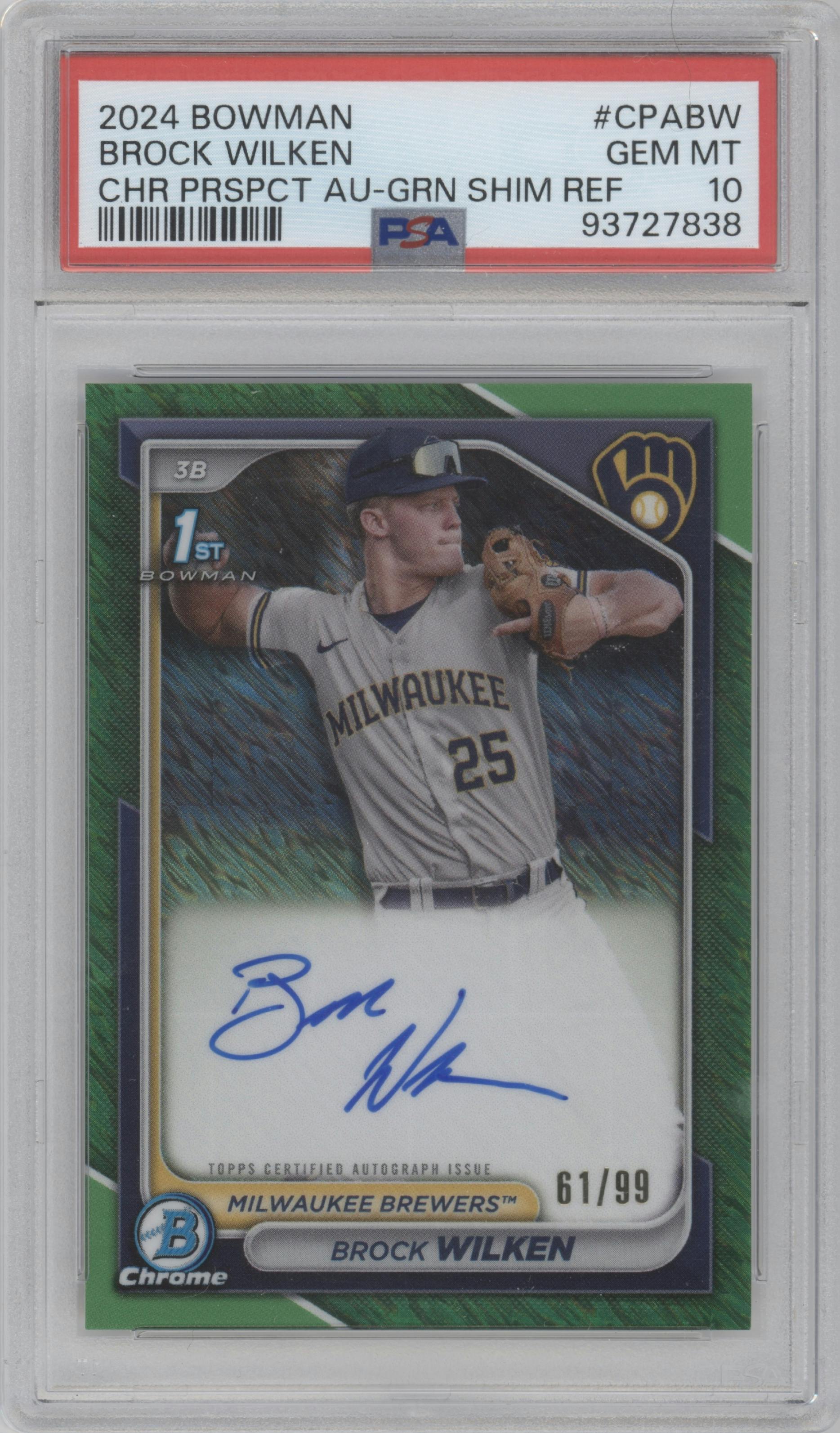 Brock Wilken from the 2024 Bowman set featuring a Green Shimmer Refractor parallel graded by PSA and given an overall grade of 10.