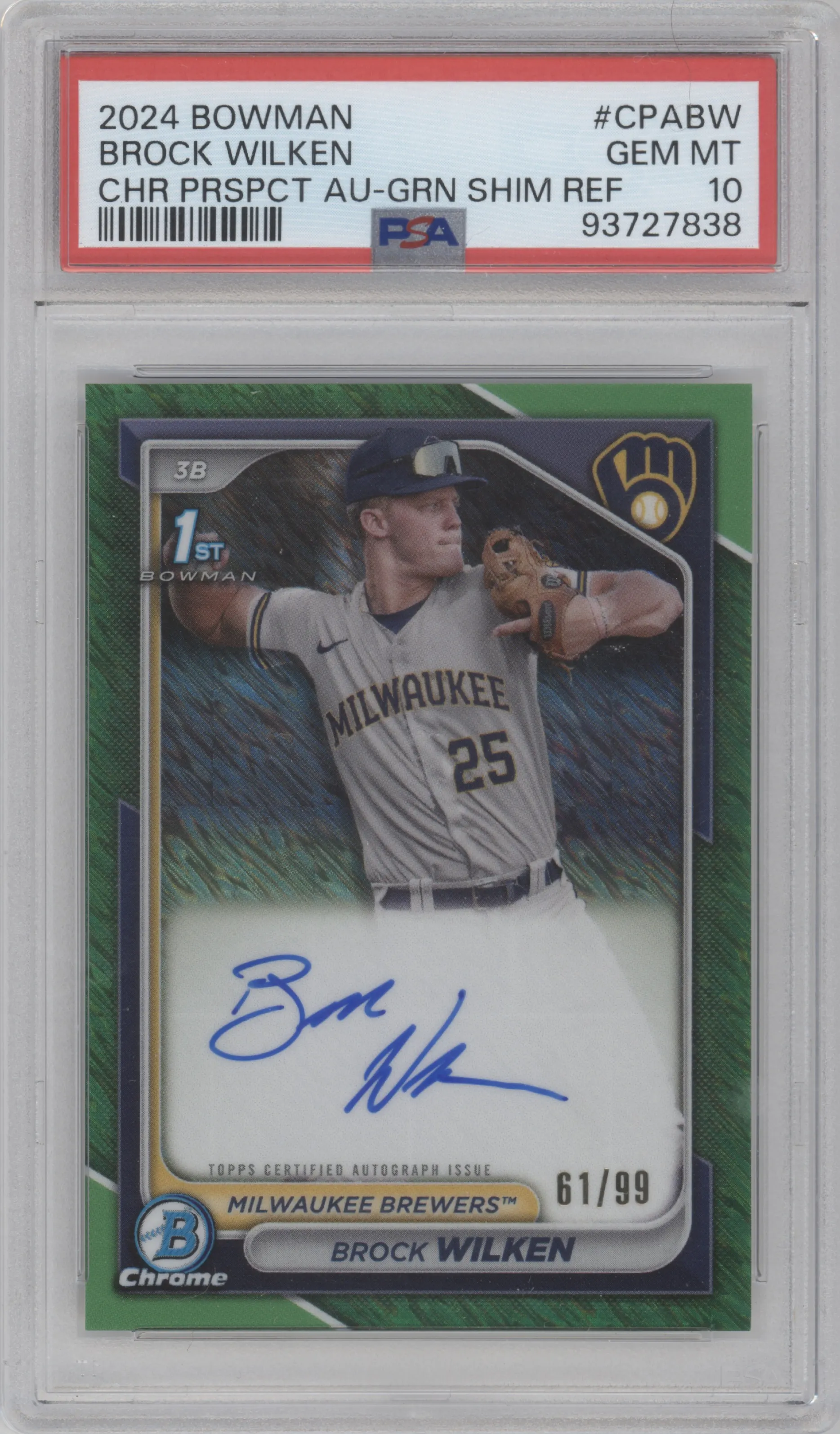 2024 Bowman Chr.Pros.Auto Brock Wilken Green Shimmer Refractor PSA 10